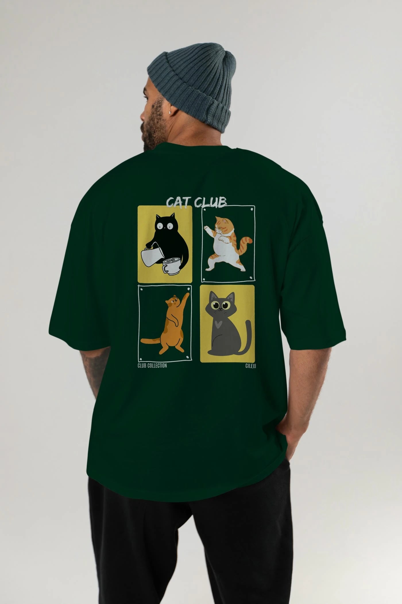 Cat Club Arka Baskılı Oversize t-shirt Erkek Kadın %100 Pamuk Bisiklet Yaka tişort