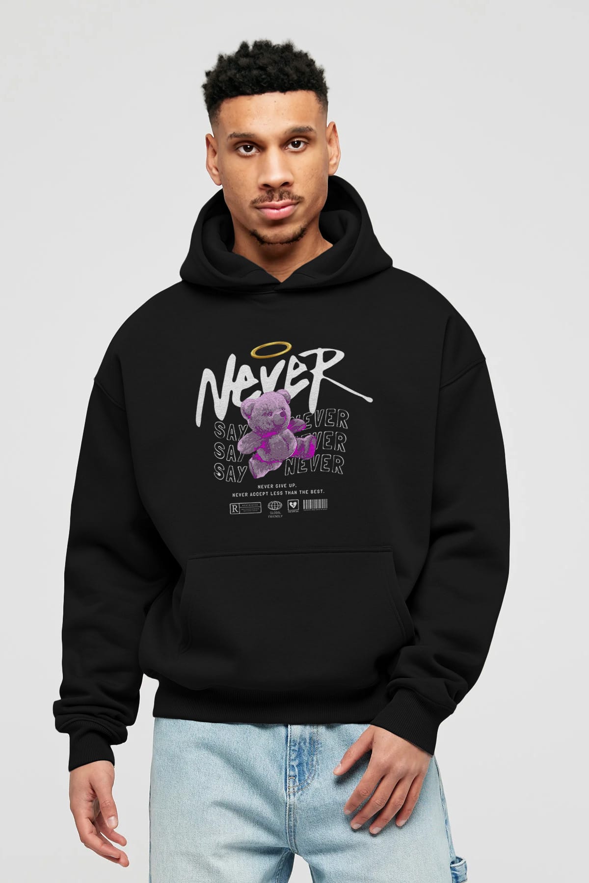 Teddy Bear Never Ön Baskılı Hoodie Oversize Kapüşonlu Sweatshirt Erkek Kadın Unisex