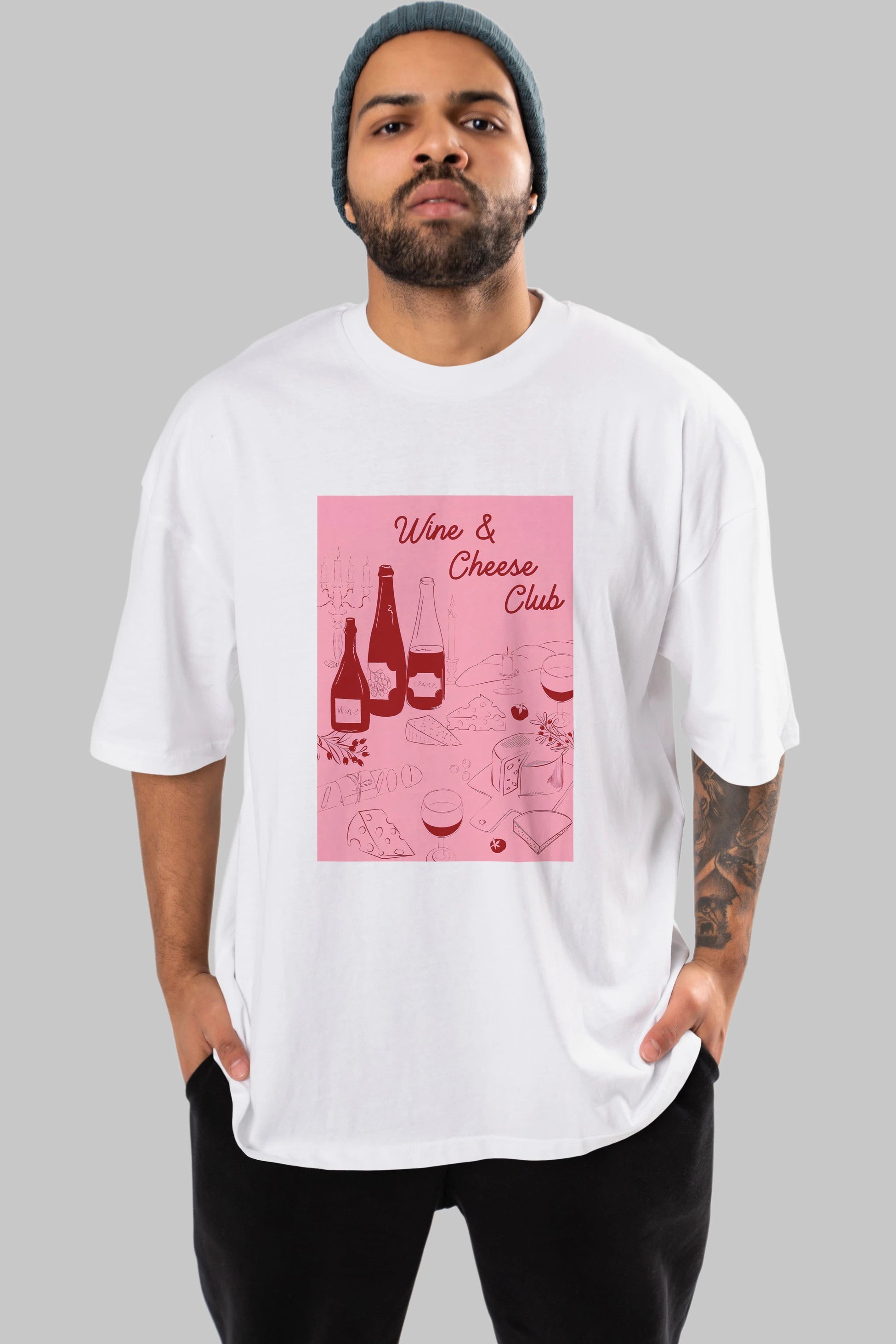 Wine Cheese Club Ön Baskılı Oversize t-shirt Erkek Kadın Unisex %100 Pamuk Bisiklet Yaka tişort