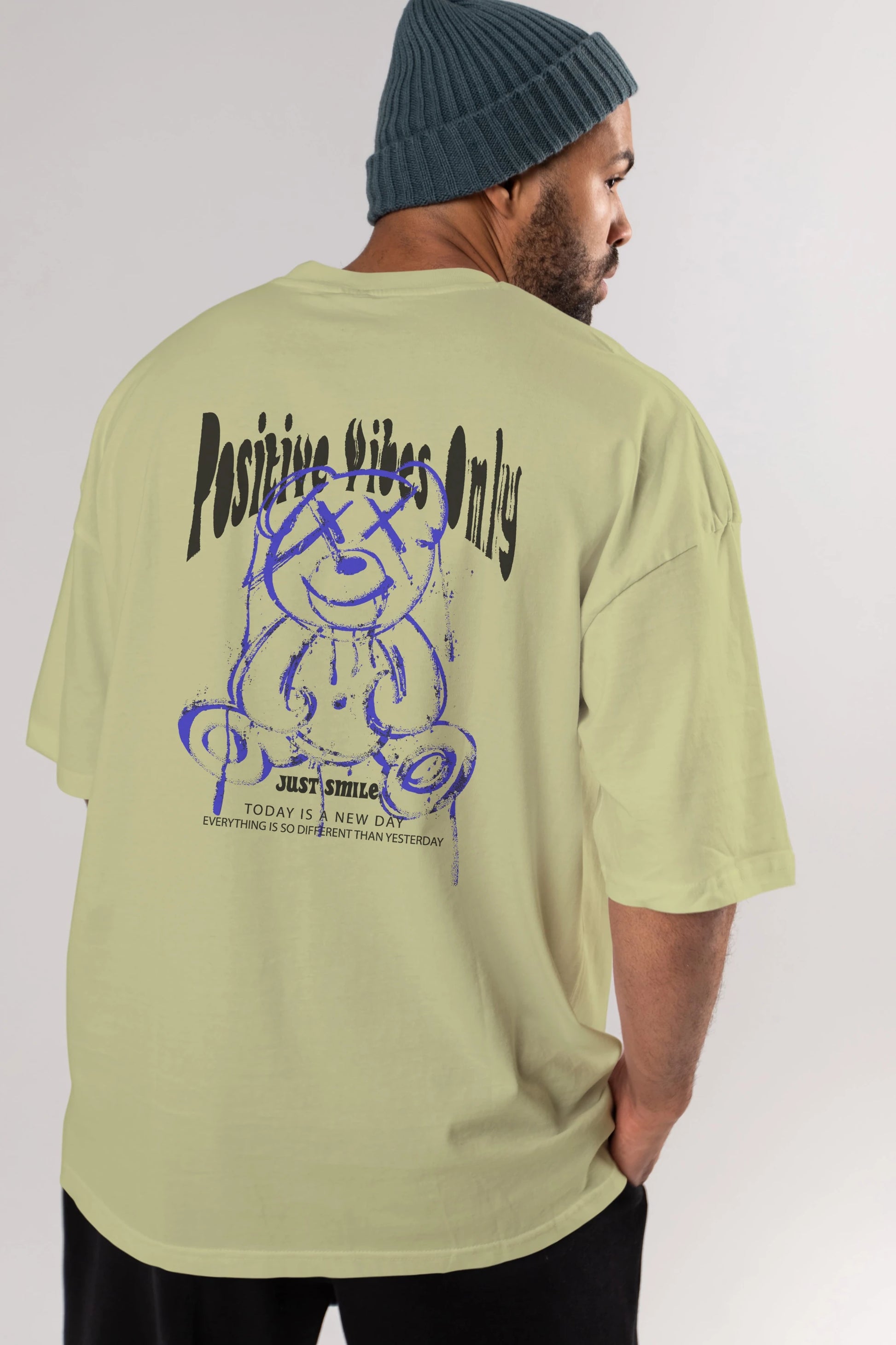 Positive Vibes Only Bear Arka Baskılı Oversize t-shirt Erkek Kadın Unisex