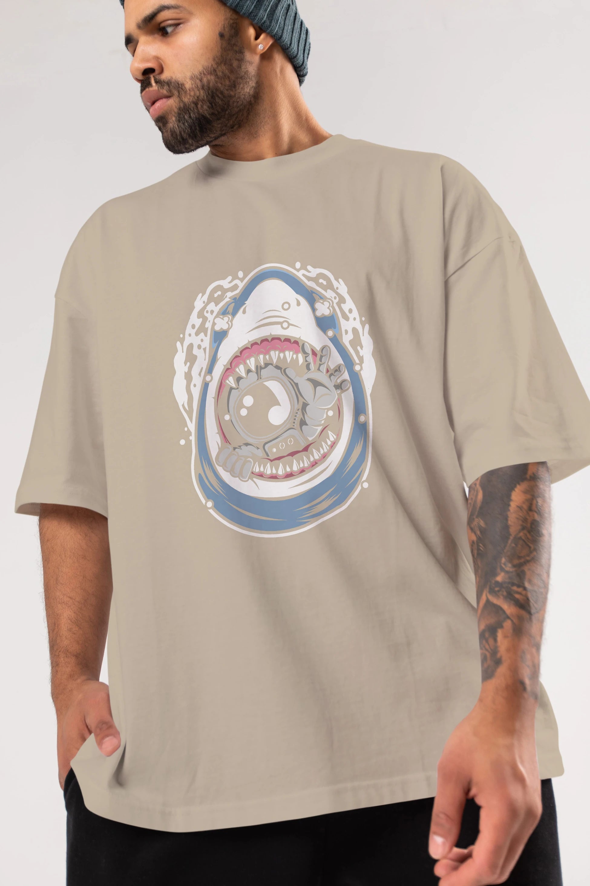 Astronaut Shark Ön Baskılı Oversize t-shirt Erkek Kadın Unisex