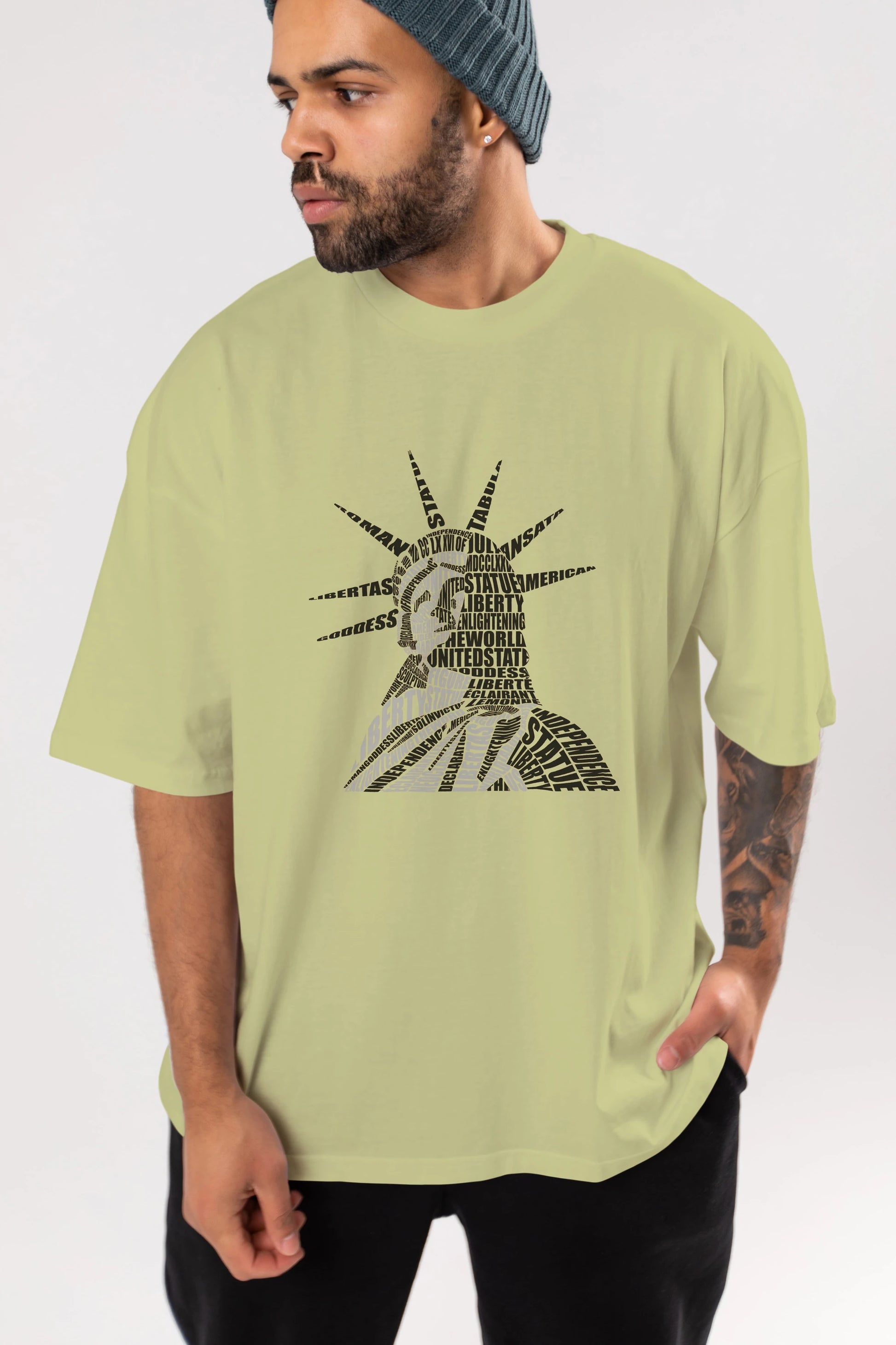 Liberty Statue Calligram Ön Baskılı Oversize t-shirt %100 pamuk Erkek Kadın Unisex