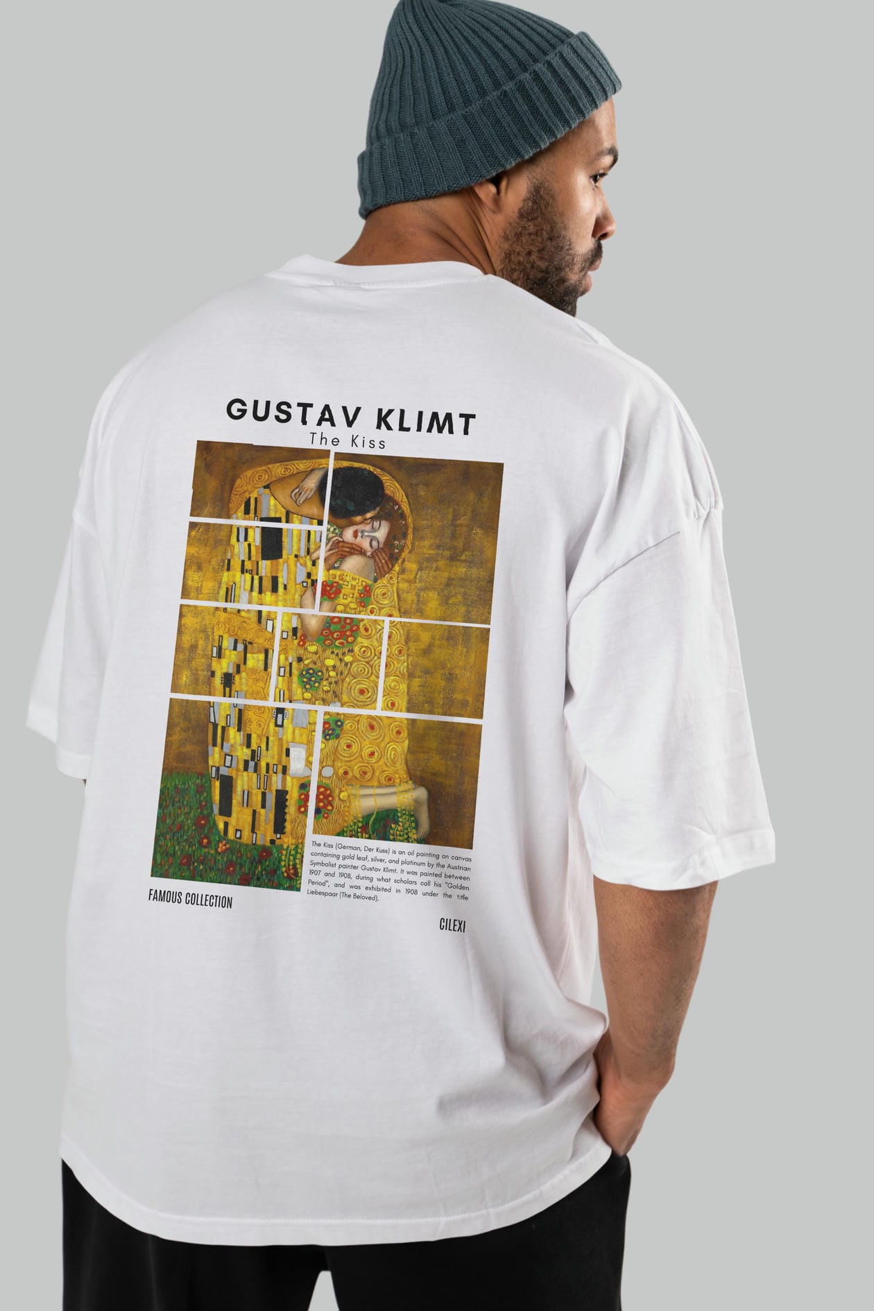 Gustav Klimt The Kiss Arka Baskılı Oversize t-shirt Erkek Kadın Bisiklet Yaka Pamuk tişort
