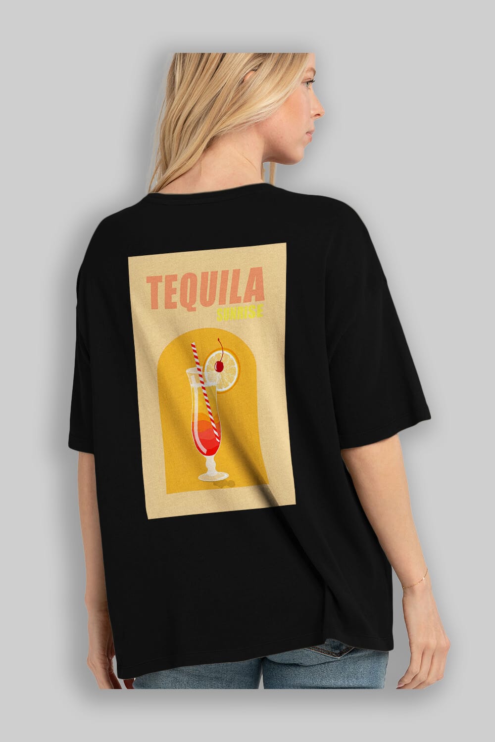 Tequila Sunrise Arka Baskılı Oversize t-shirt Erkek Kadın Unisex %100 Pamuk Bisiklet Yaka tişort