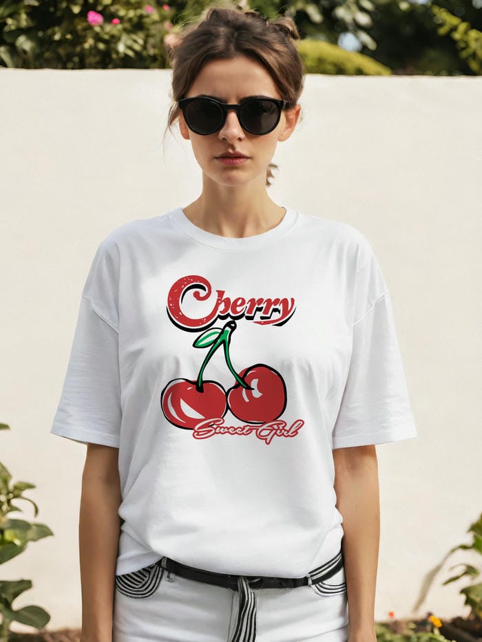 Cherry Cherries 8 Ön Baskılı Oversize t-shirt Erkek Kadın Pamuk Bisiklet Yaka tişort