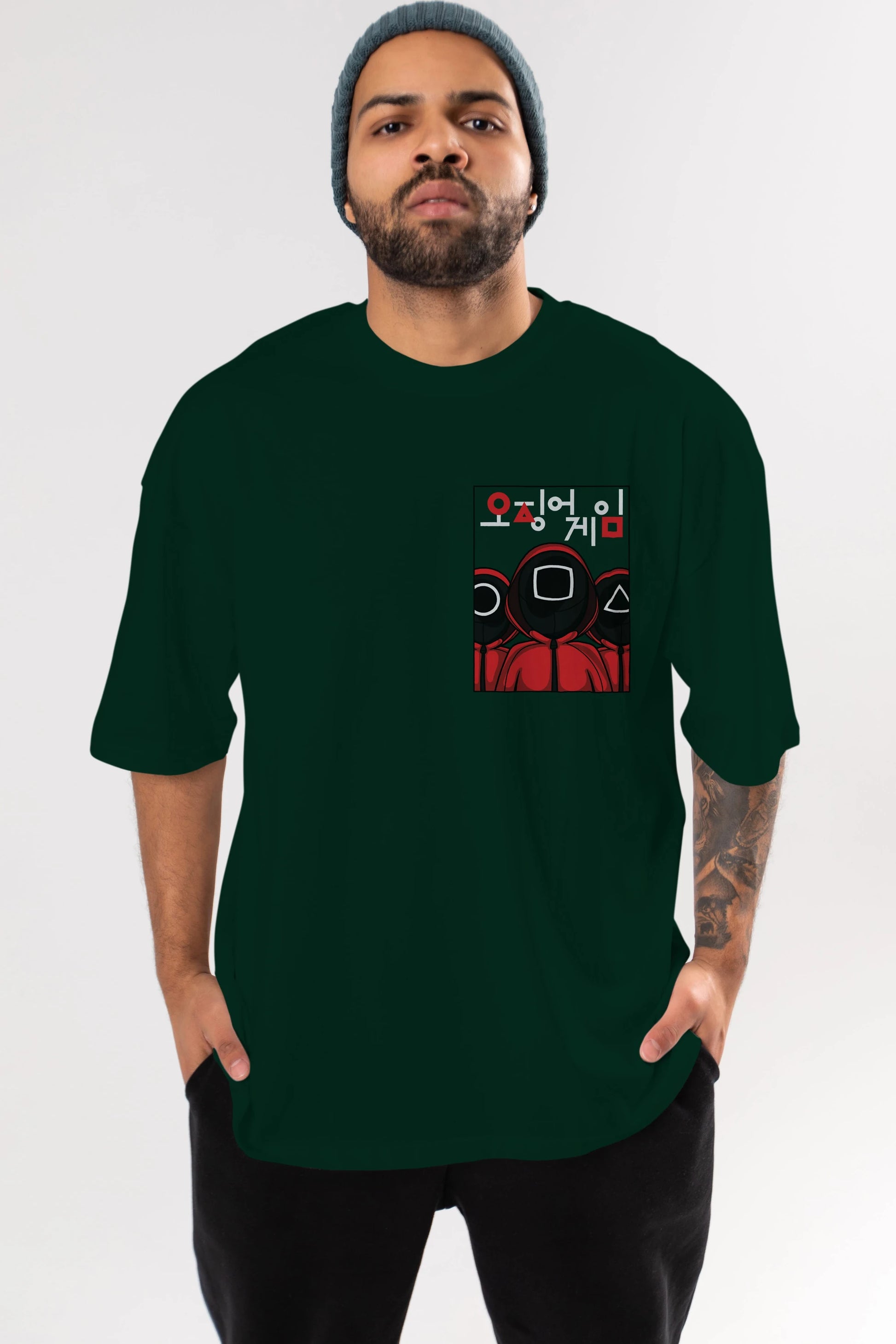 Squid Game (7) Ön Sol Baskılı Oversize t-shirt Erkek Kadın Unisex %100 Pamuk Bisiklet Yaka tişort
