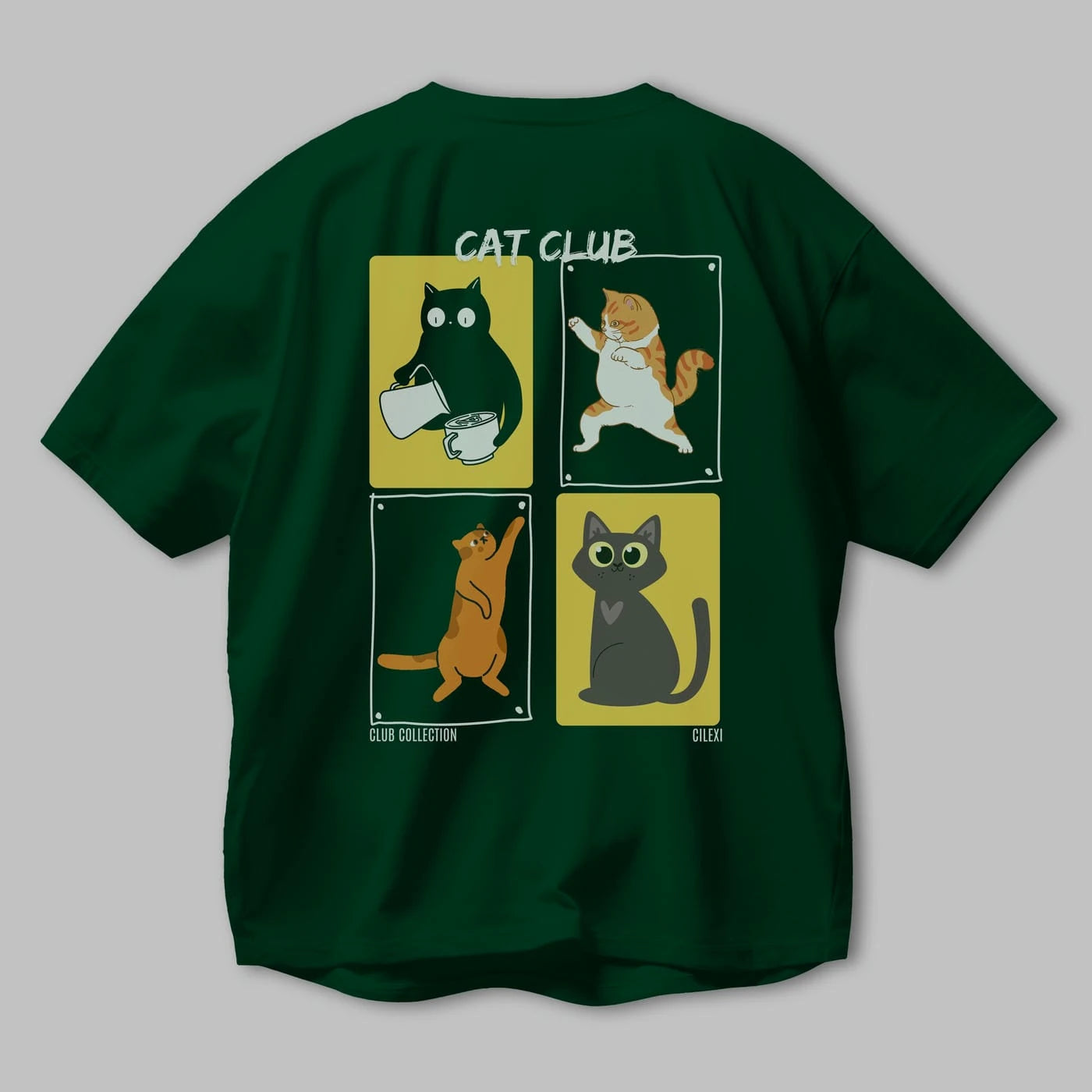 Cat Club Arka Baskılı Oversize t-shirt Erkek Kadın %100 Pamuk Bisiklet Yaka tişort