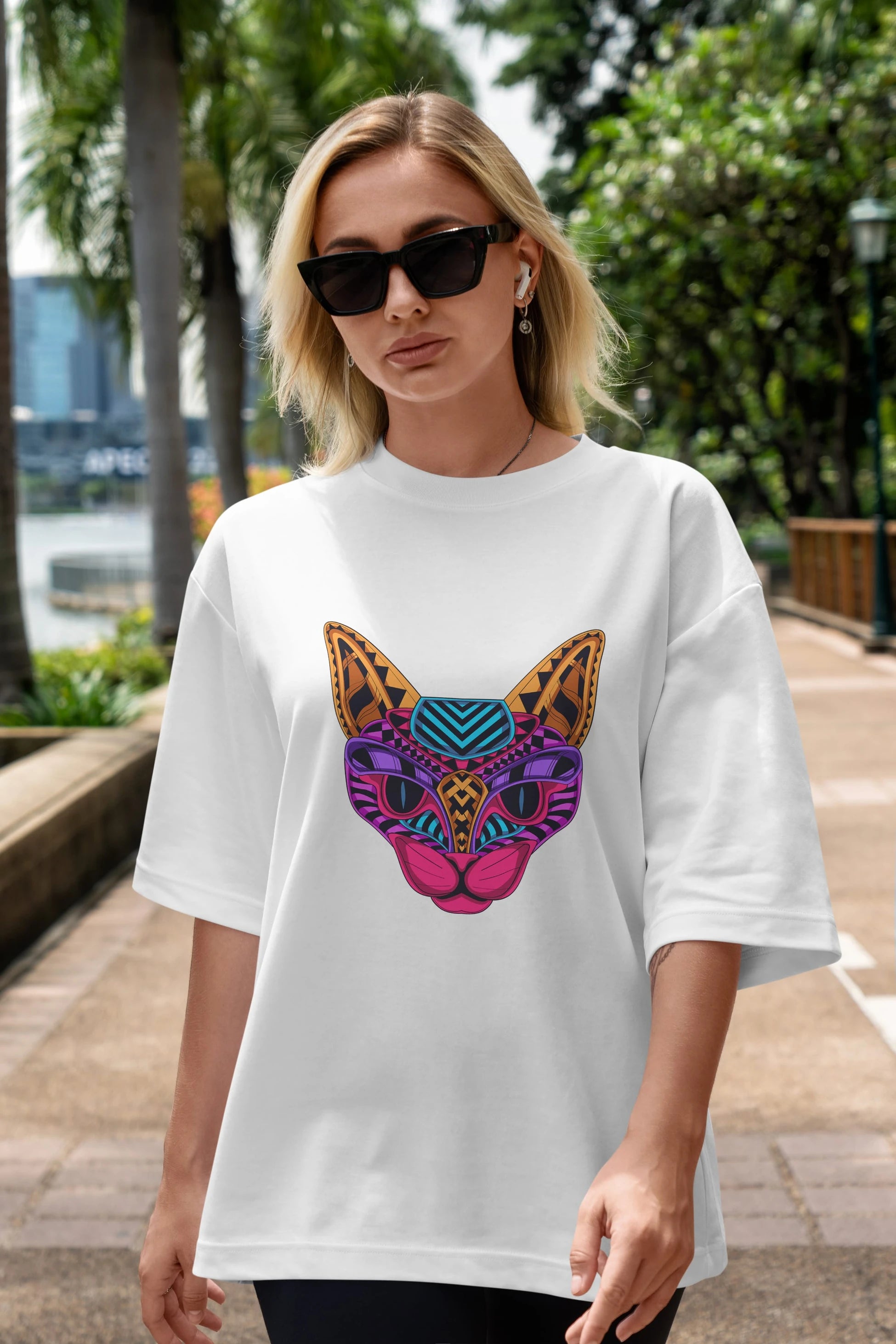 Black Neon Cat Ön Baskılı Oversize t-shirt Erkek Kadın Unisex