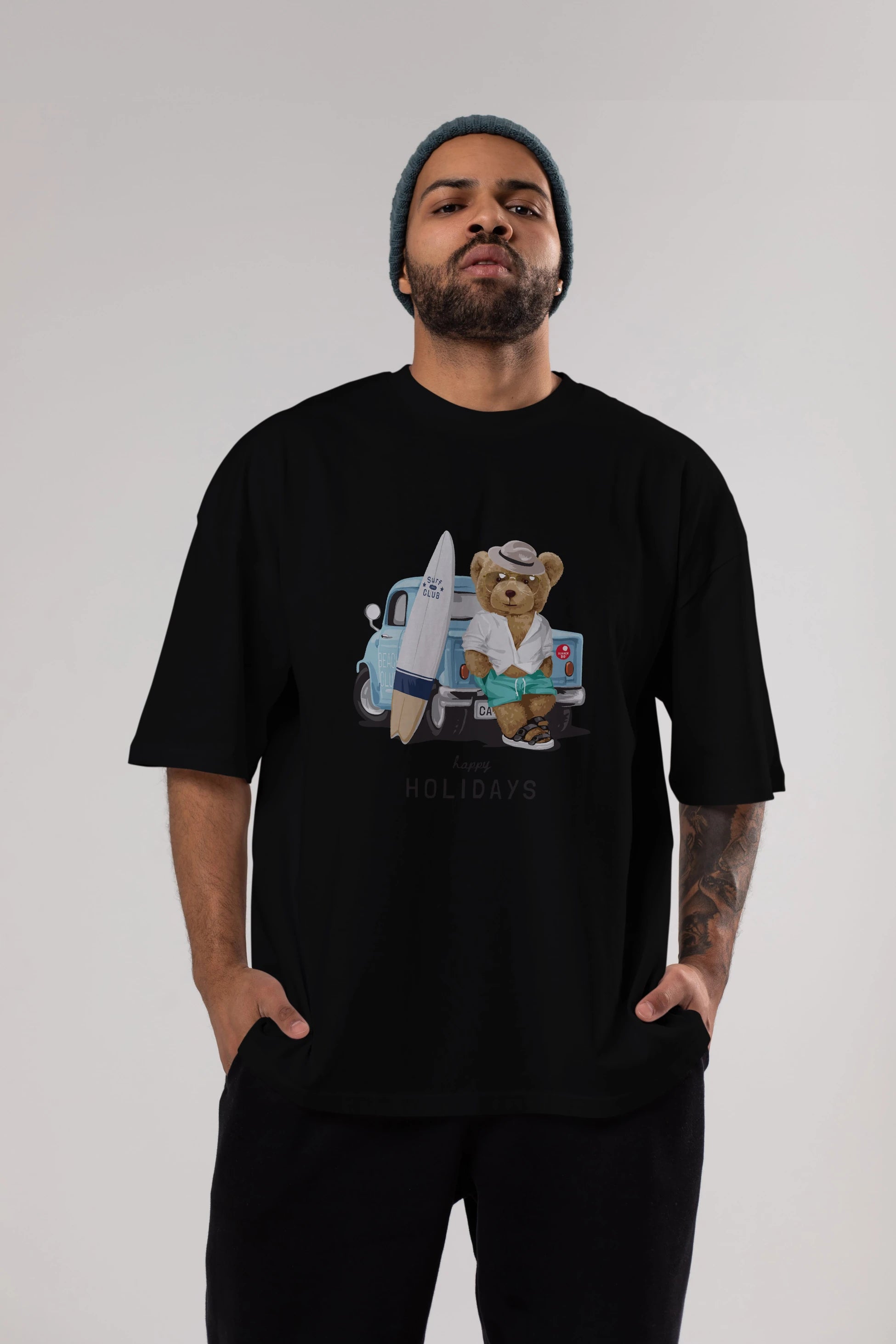 Teddy Bear Surf Club Ön Baskılı Oversize t-shirt Erkek Kadın Unisex %100 Pamuk