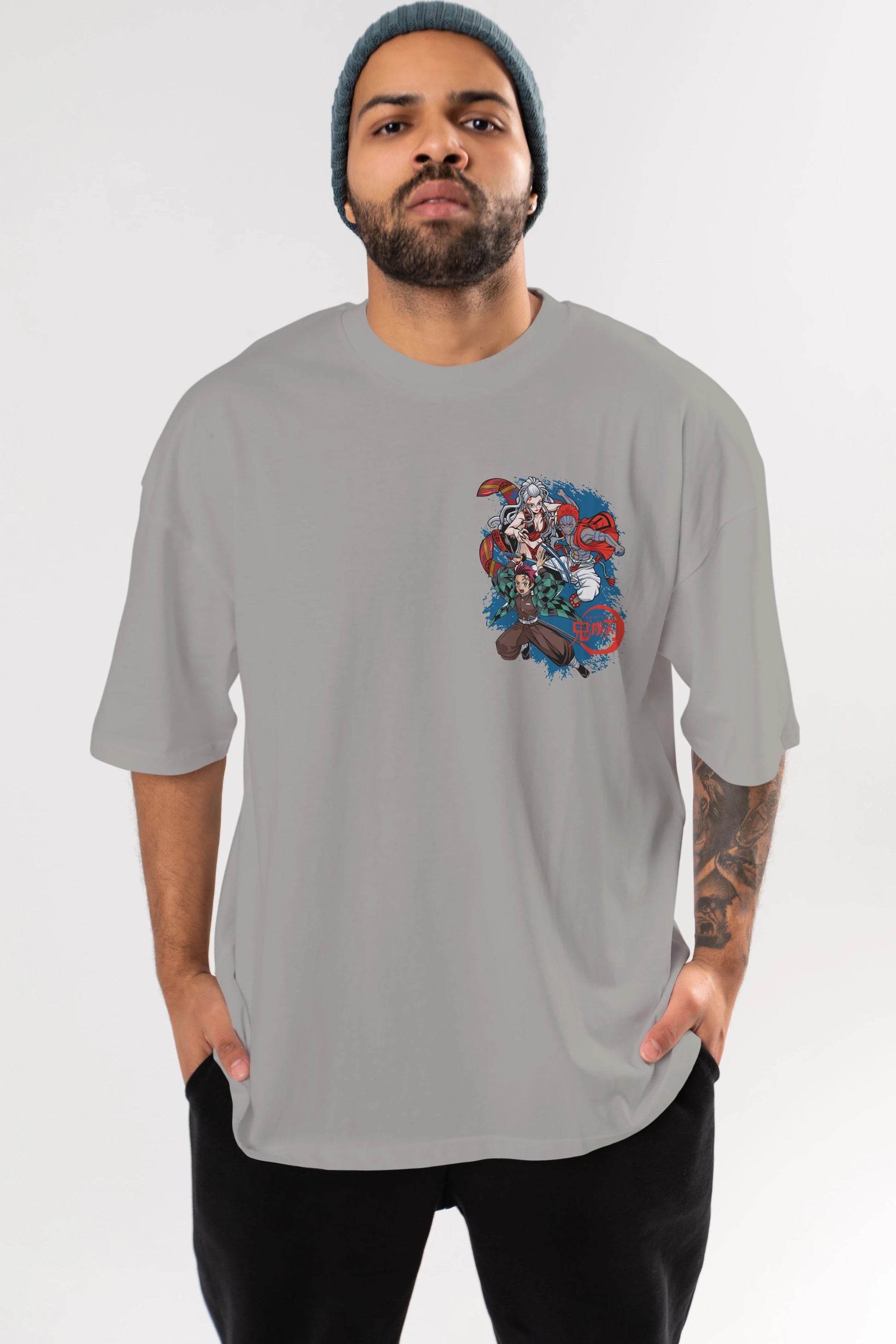 TANJIRO ,AKAZA,DAKI Ön Sol Baskılı Oversize t-shirt Erkek Kadın Unisex %100 Pamuk Bisiklet Yaka tişort