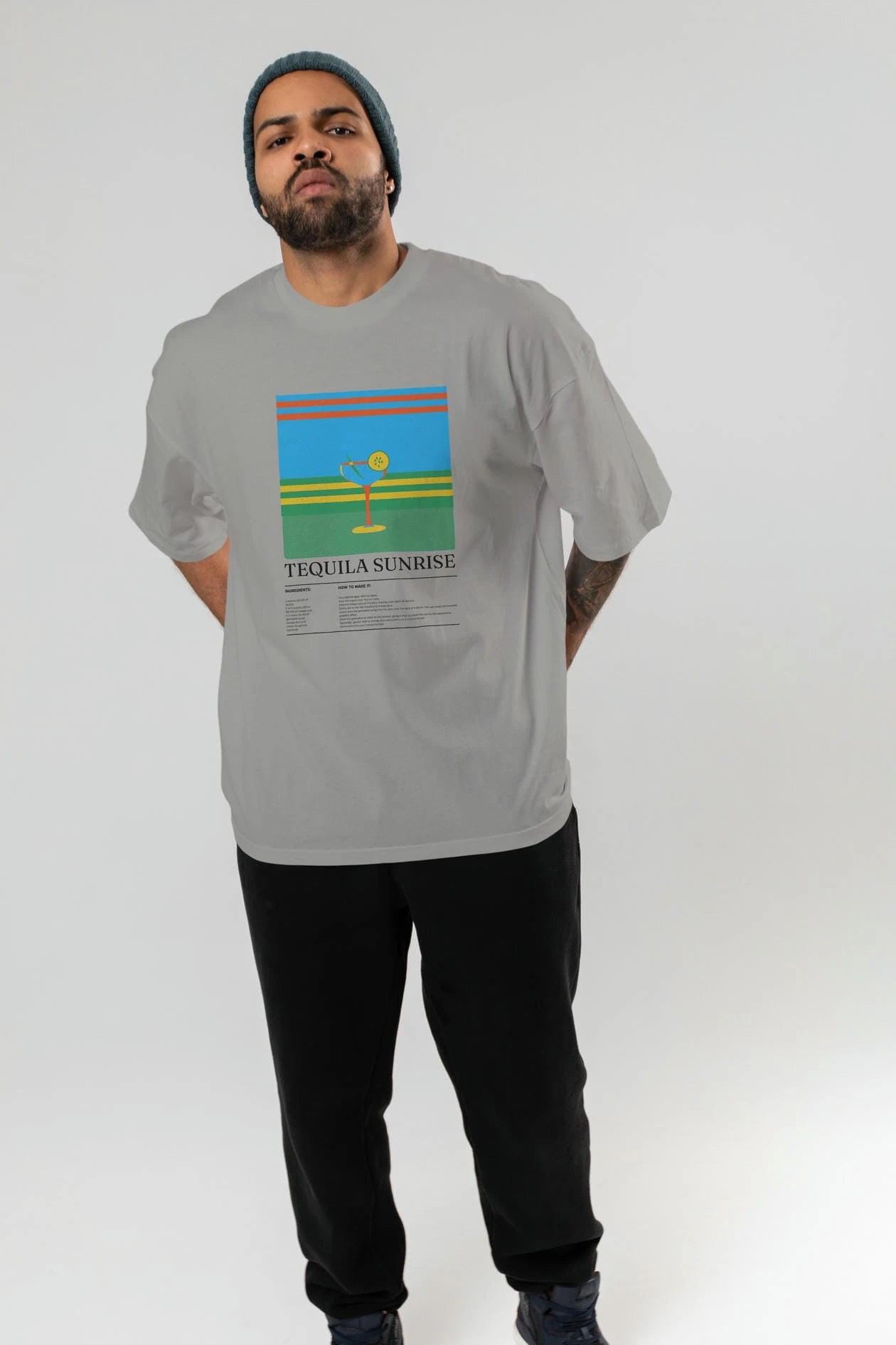 Tequila Sunrise Kokteyl Ön Baskılı Oversize t-shirt Erkek Kadın %100 Pamuk Bisiklet Yaka tişort