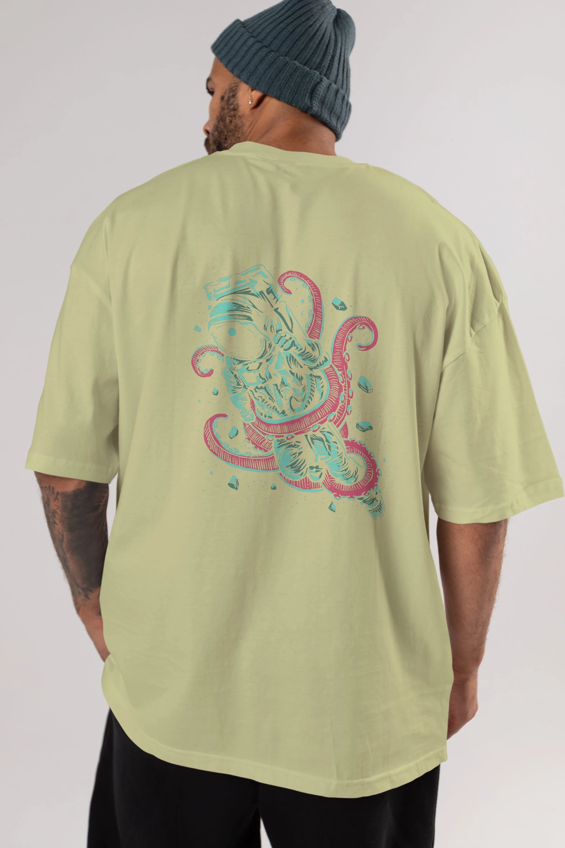 Astronaut Octopus Arka Baskılı Oversize t-shirt Erkek Kadın Unisex %100 Pamuk