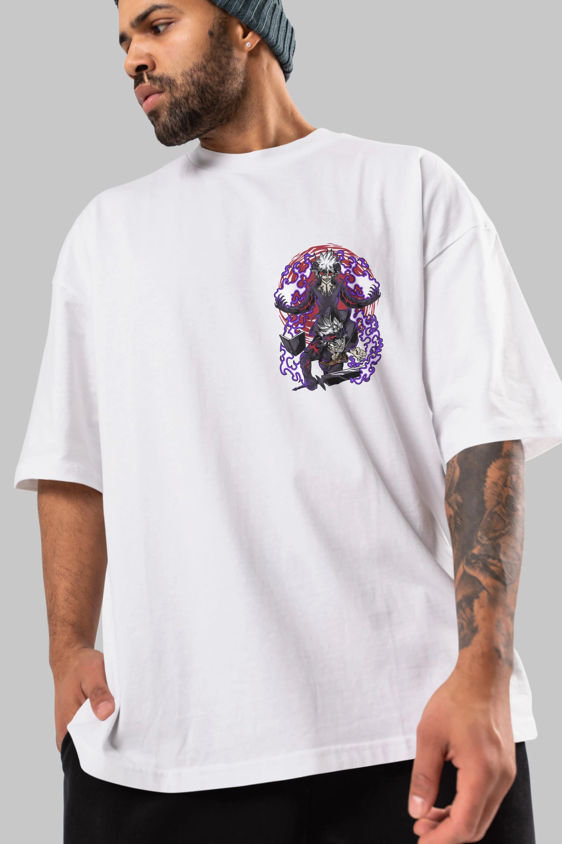 BLACK CLOVER DEVIL UNION Ön Sol Baskılı Oversize t-shirt Erkek Kadın Unisex %100 Pamuk Bisiklet Yaka tişort