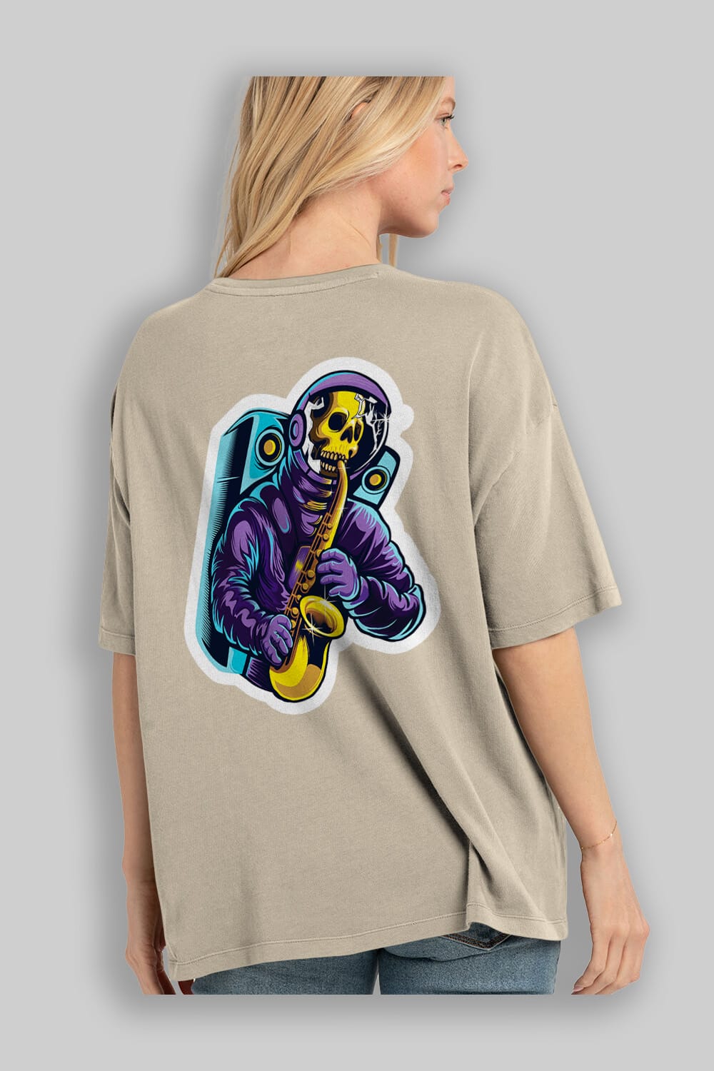 Astroskull Saxophonist Sticker Arka Baskılı Oversize t-shirt Erkek Kadın Unisex