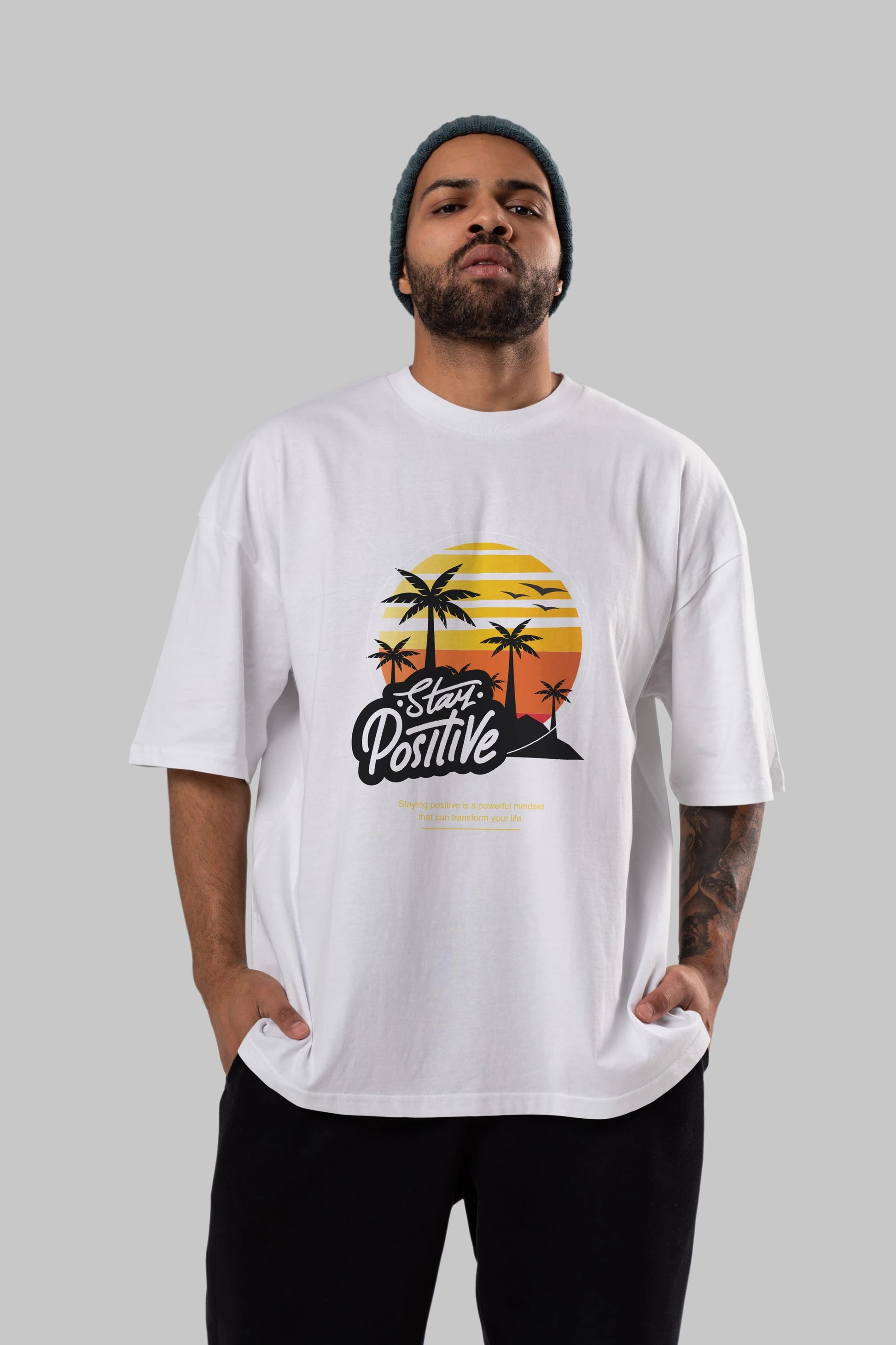 Stay Positive Yazılı Ön Baskılı Oversize t-shirt Erkek Kadın Unisex