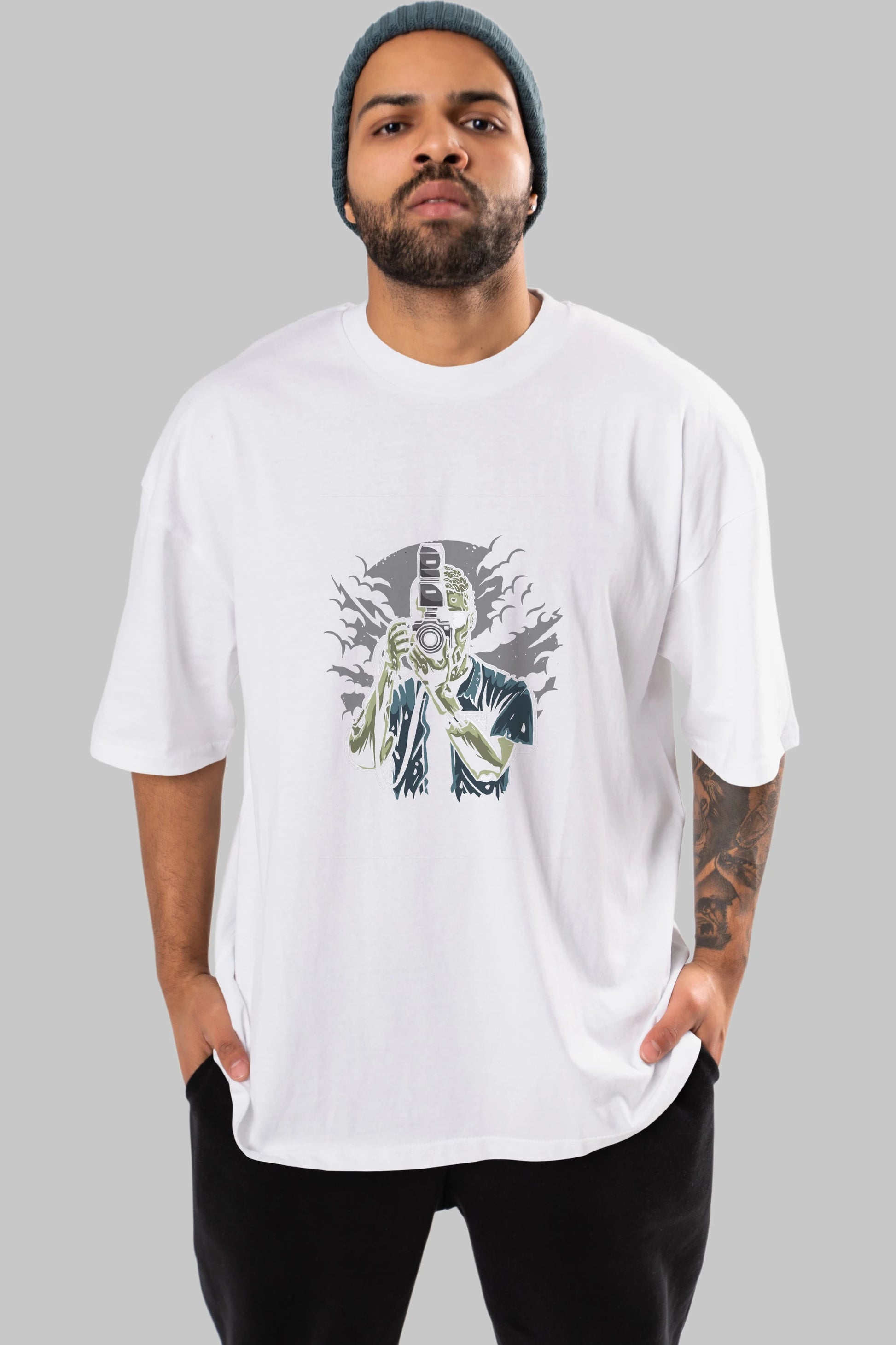 Zombie Photographer Ön Baskılı Oversize t-shirt Erkek Kadın Unisex %100 Pamuk tişort