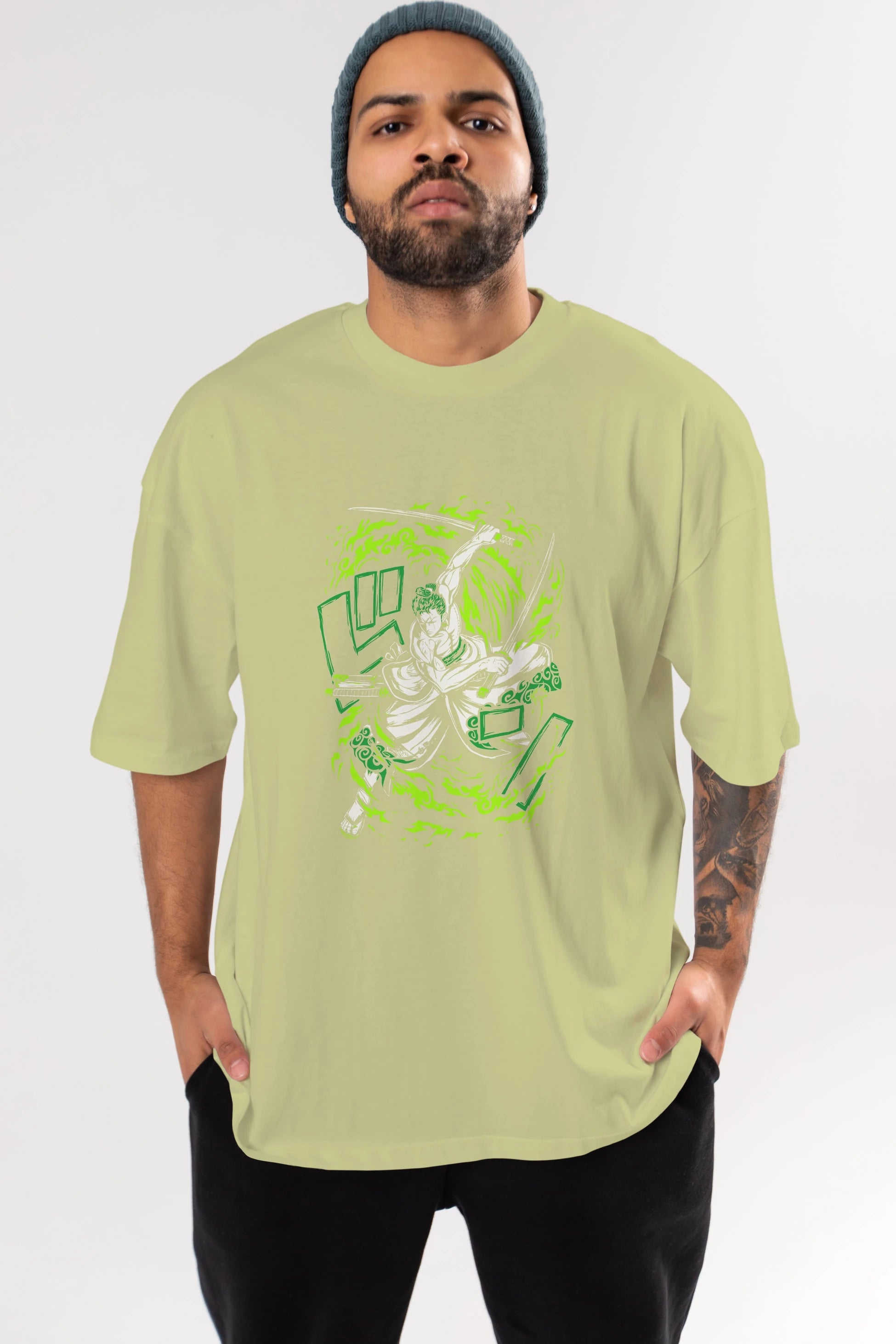 ZORO-ONE PIECE (2) Anime Ön Baskılı Oversize t-shirt %100 pamuk Erkek Kadın Unisex