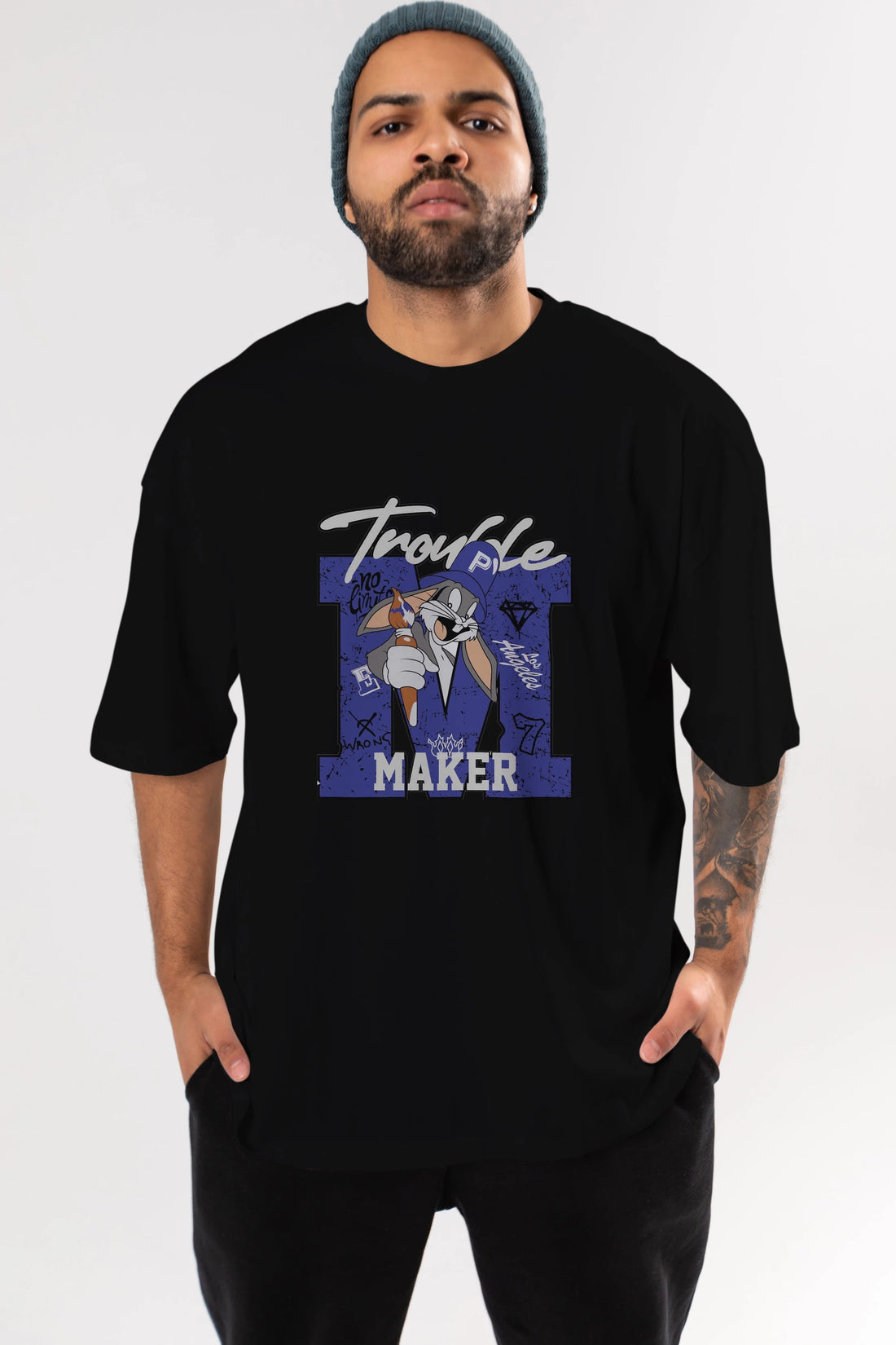 Bugs Bunny Ön Baskılı Oversize t-shirt Erkek Kadın Unisex %100 Pamuk Bisiklet Yaka tişort