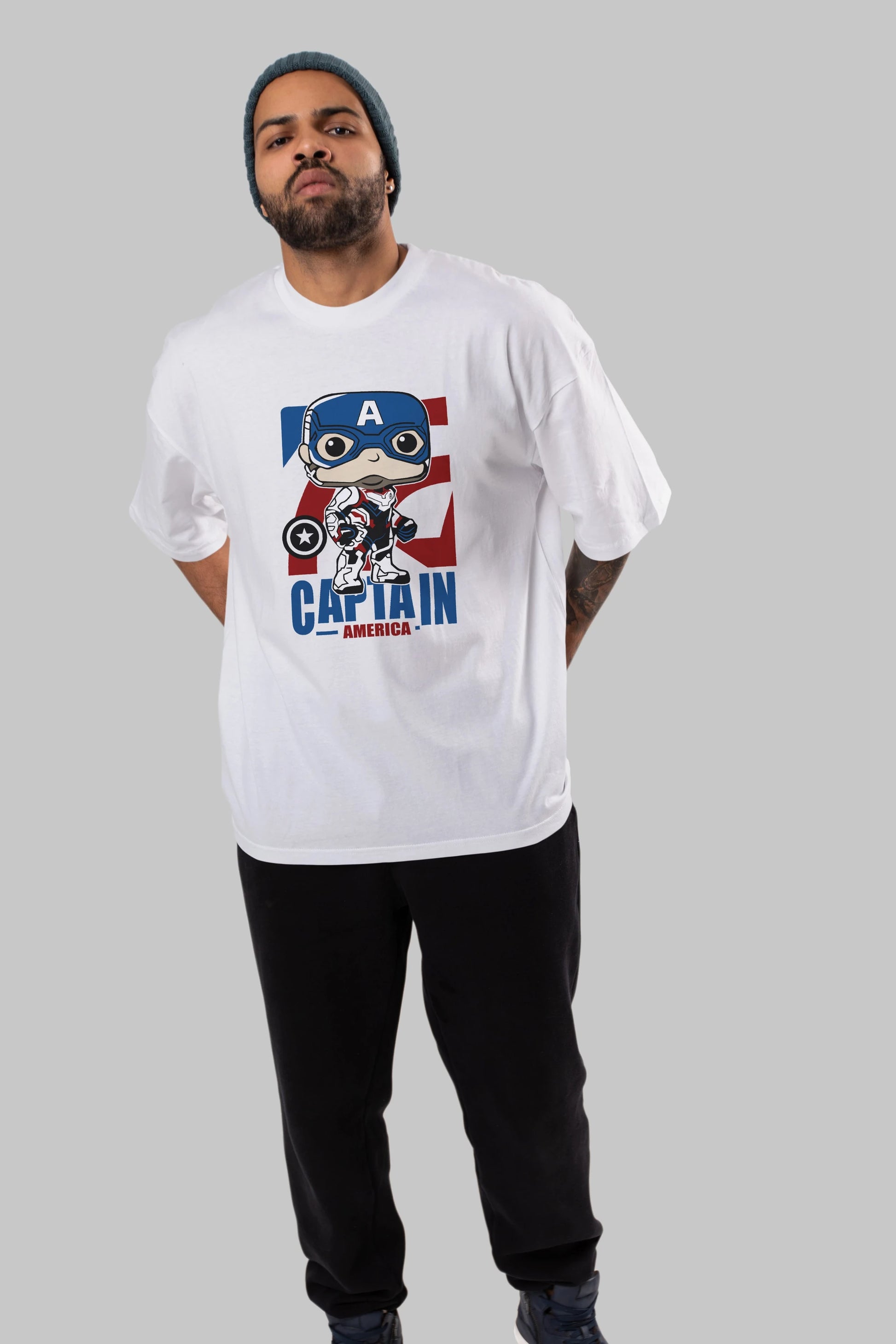 Captain America Ön Baskılı Oversize t-shirt Erkek Kadın Unisex %100 Pamuk Bisiklet Yaka tişort