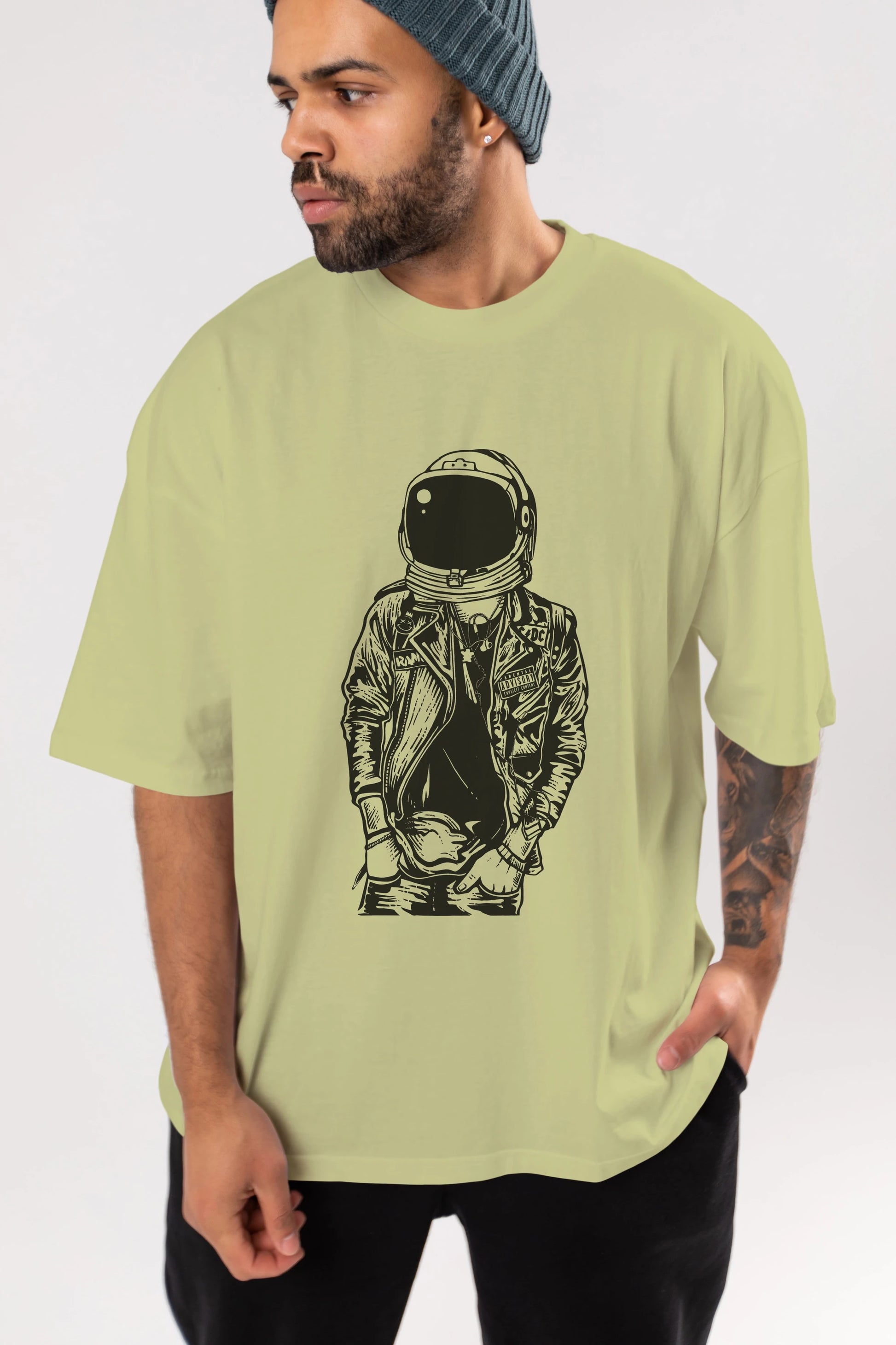 Astronaut Punkster Ön Baskılı Oversize t-shirt Erkek Kadın Unisex %100 Pamuk tişort