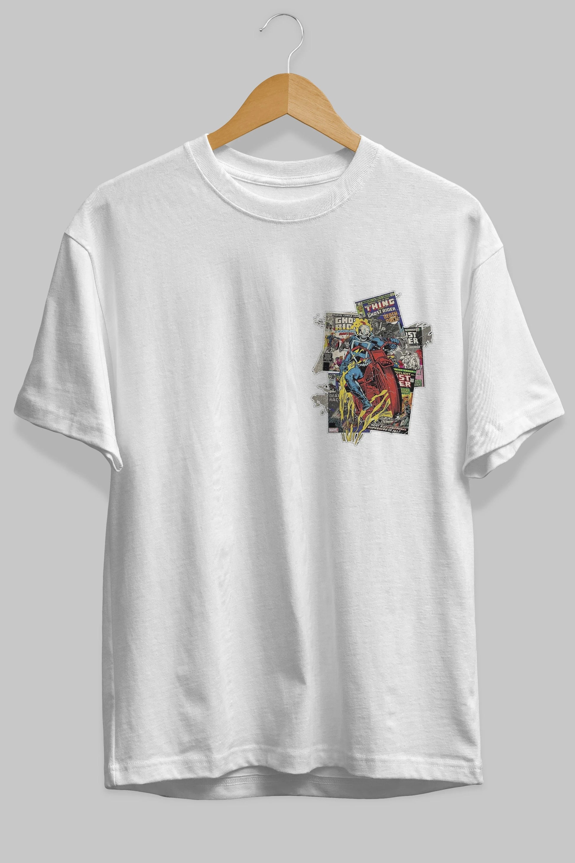 Ghost Rider Ön Sol Baskılı Oversize t-shirt Erkek Kadın Unisex %100 Pamuk Bisiklet Yaka tişort