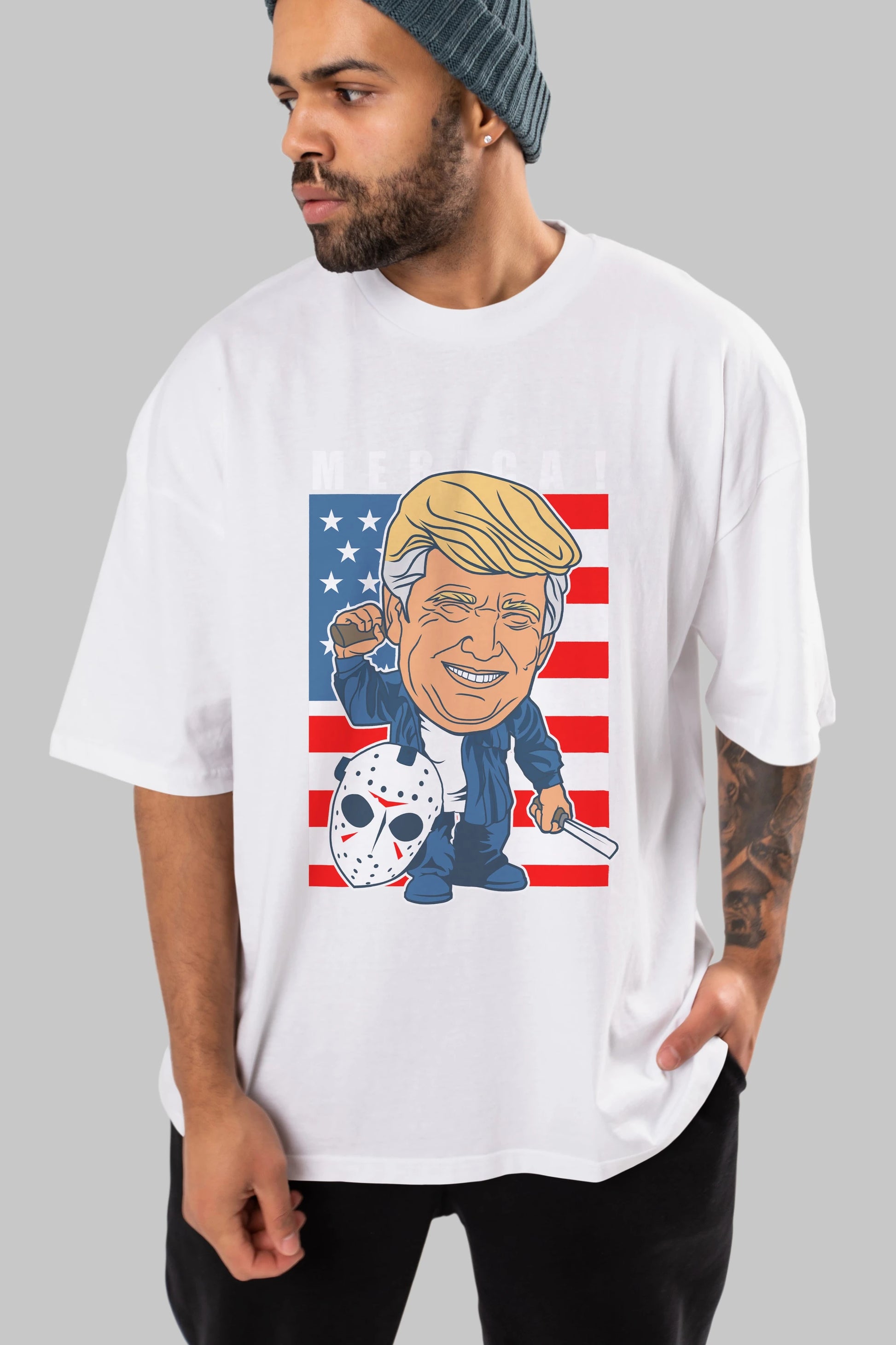Jason Voorhess Trump Ön Baskılı Oversize t-shirt Erkek Kadın Unisex %100 Pamuk tişort