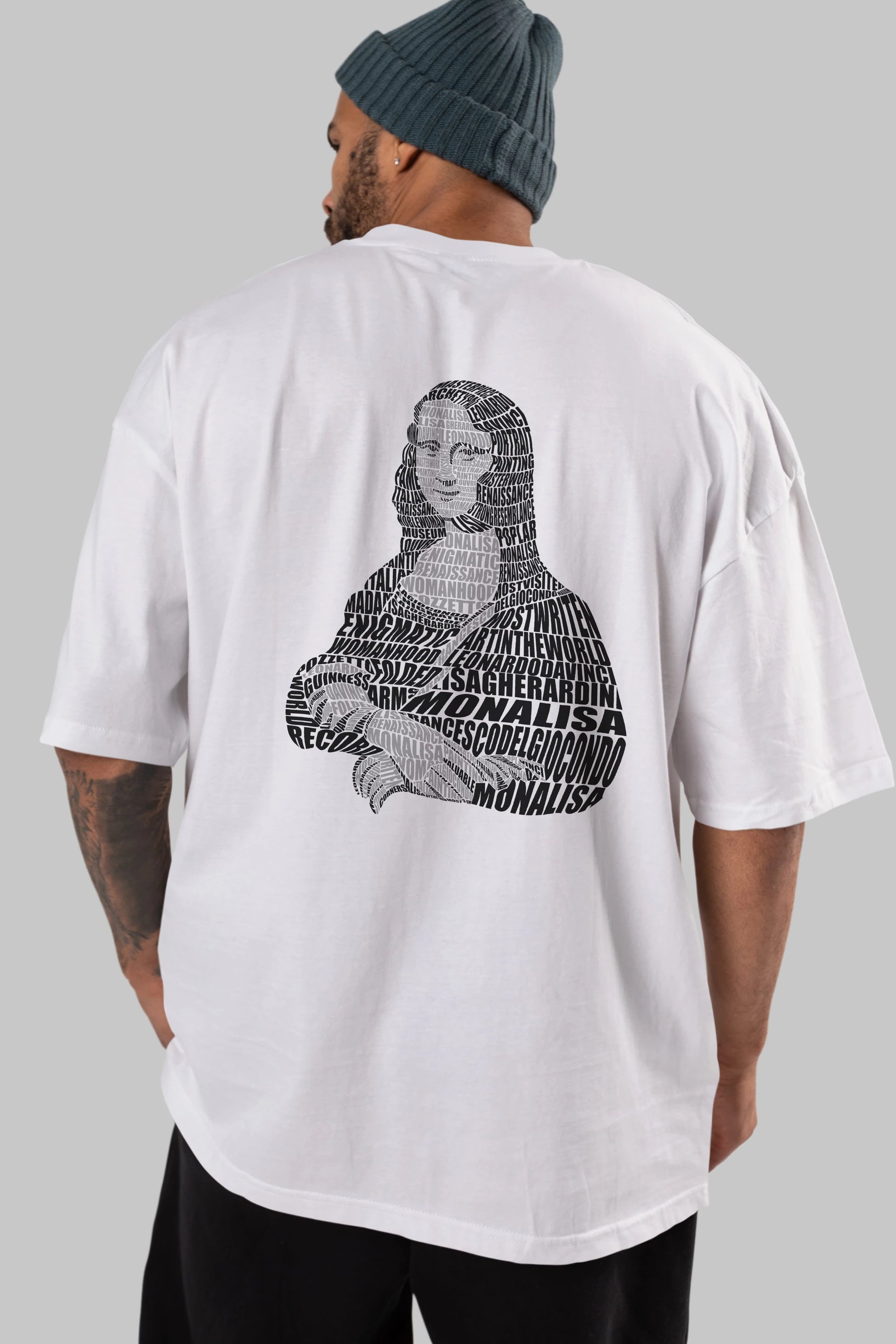 Mona Lisa Calligram Arka Baskılı Oversize t-shirt %100 pamuk Erkek Kadın Unisex