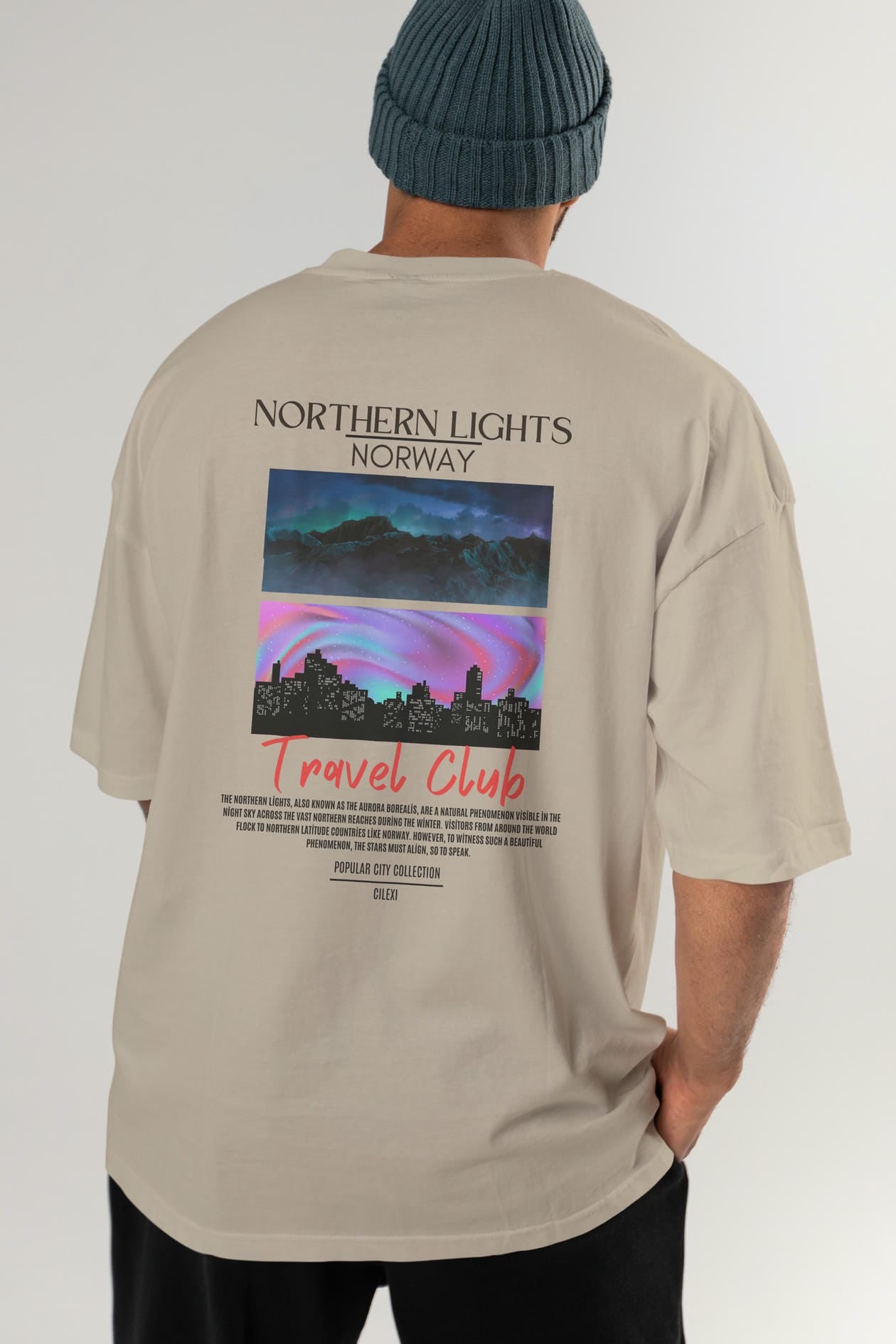 Northern Lights Norway Arka Baskılı Oversize t-shirt Erkek Kadın Pamuk Bisiklet Yaka tişort