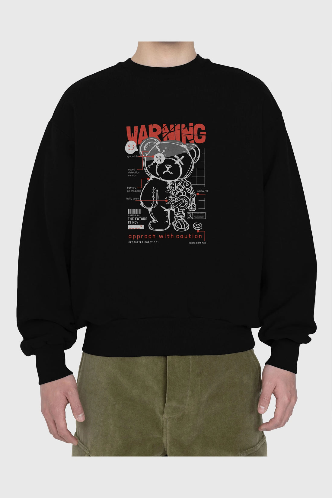 Teddy Bear Warning Ön Baskılı Oversize Sweatshirt Erkek Kadın Unisex