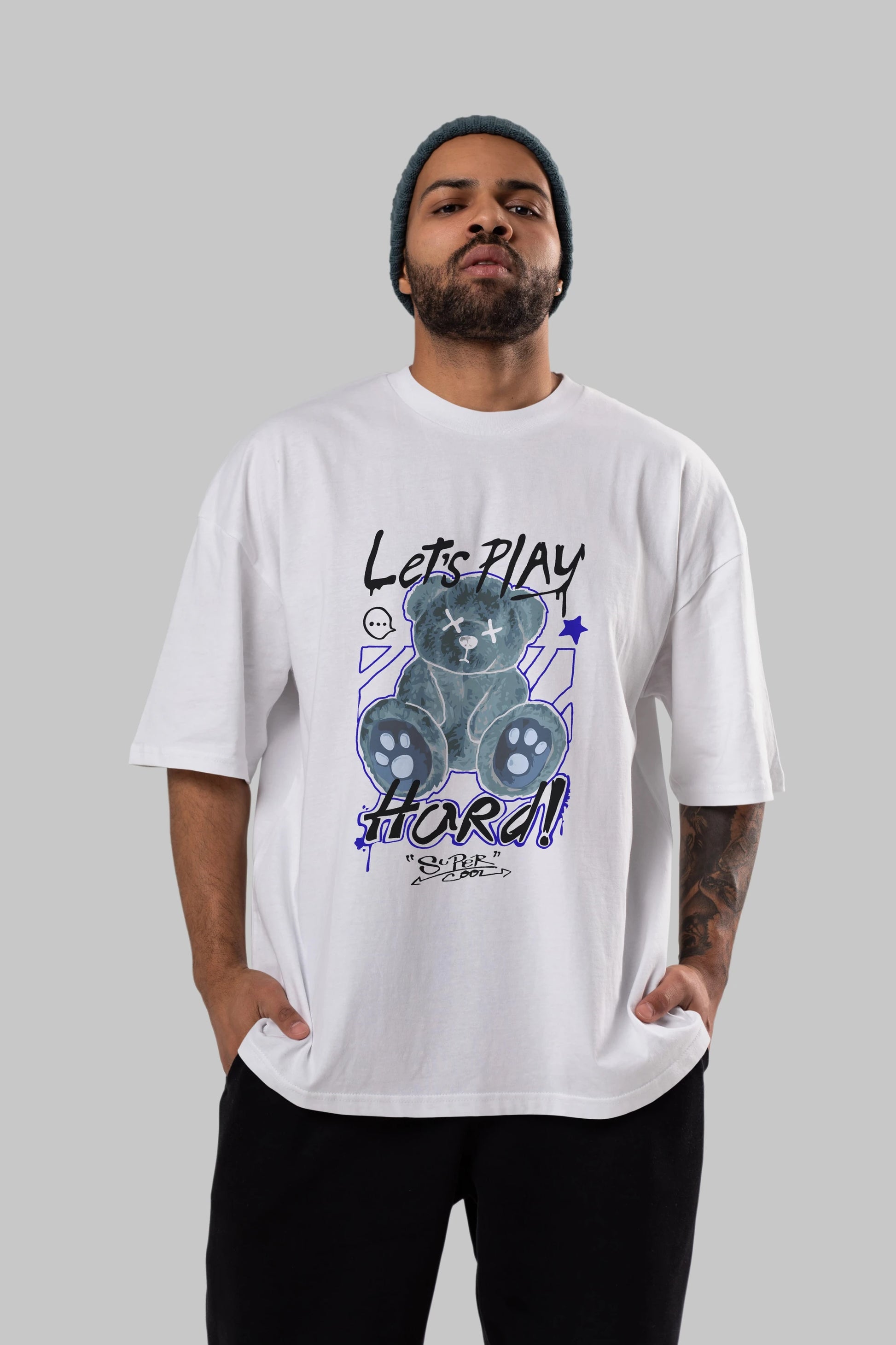 Lets Play Hard Bear Ön Baskılı Oversize t-shirt Erkek Kadın Unisex