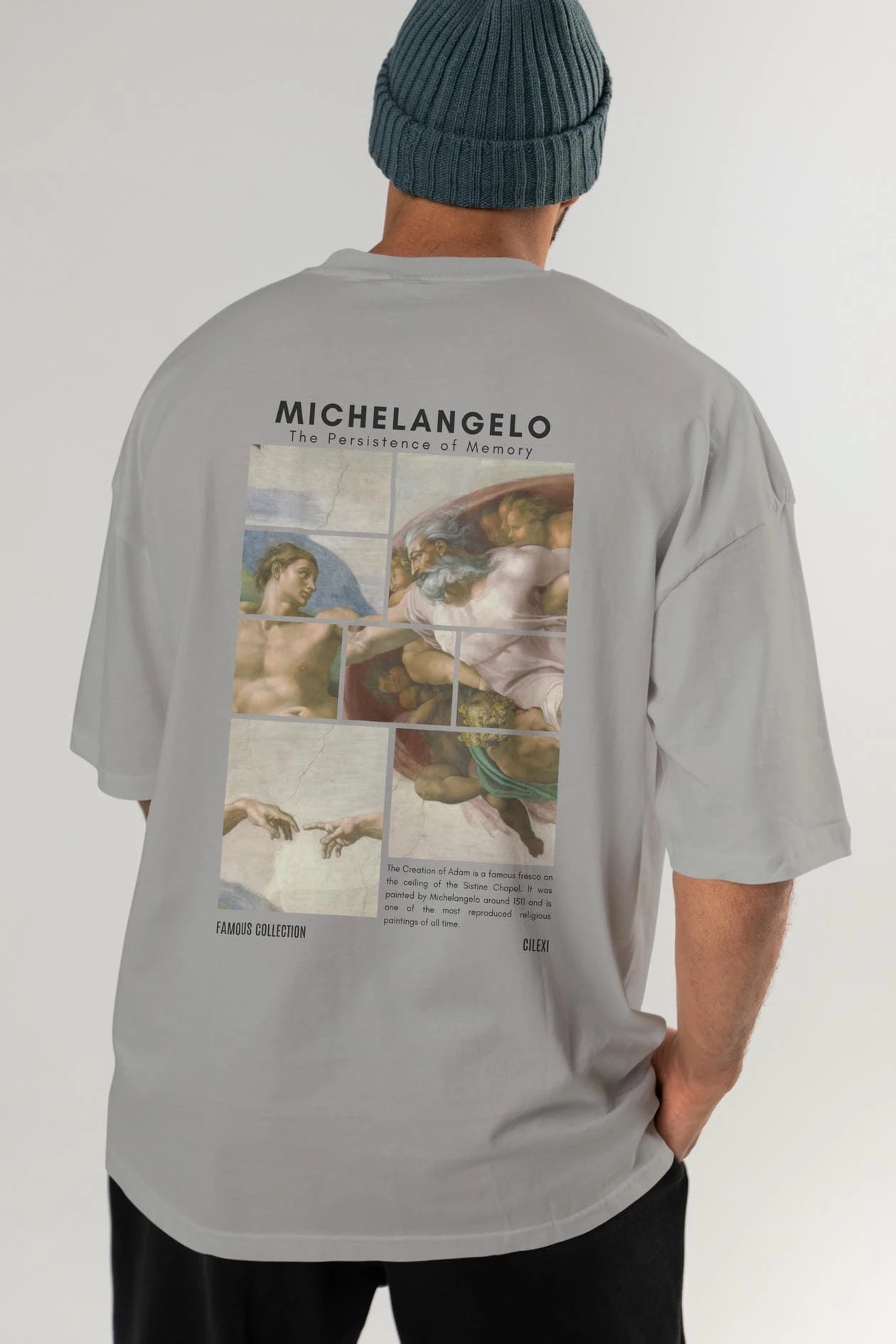 Michelangelo Arka Baskılı Oversize t-shirt Erkek Kadın Bisiklet Yaka Pamuk tişort