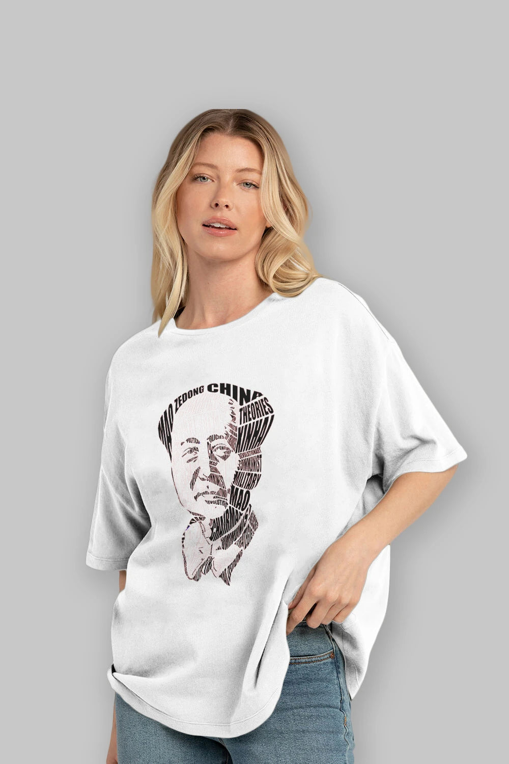 Mao Zedong Calligram Ön Baskılı Oversize t-shirt %100 pamuk Erkek Kadın Unisex