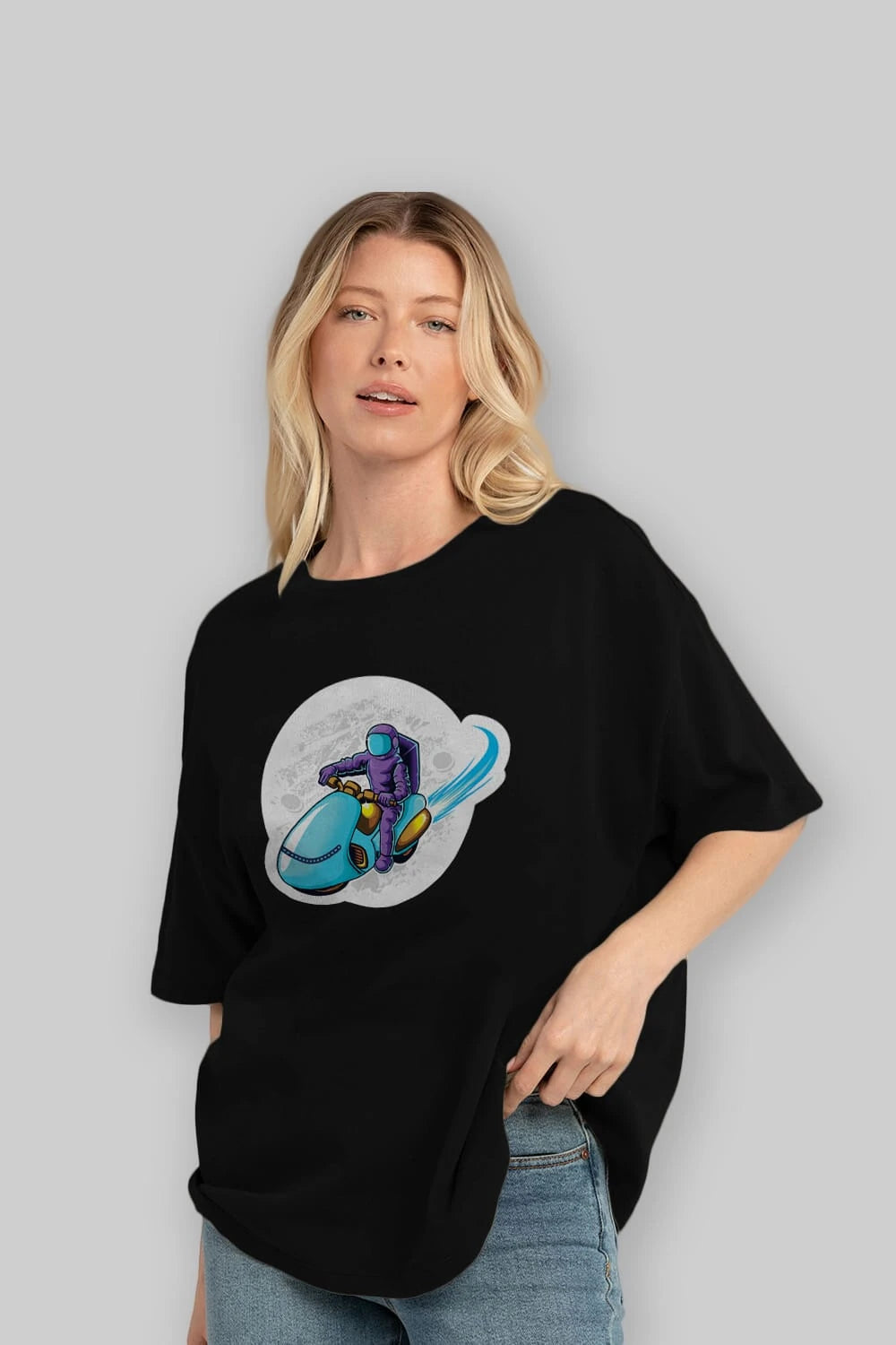 Astrorider in Space Sticker Ön Baskılı Oversize t-shirt Erkek Kadın Unisex