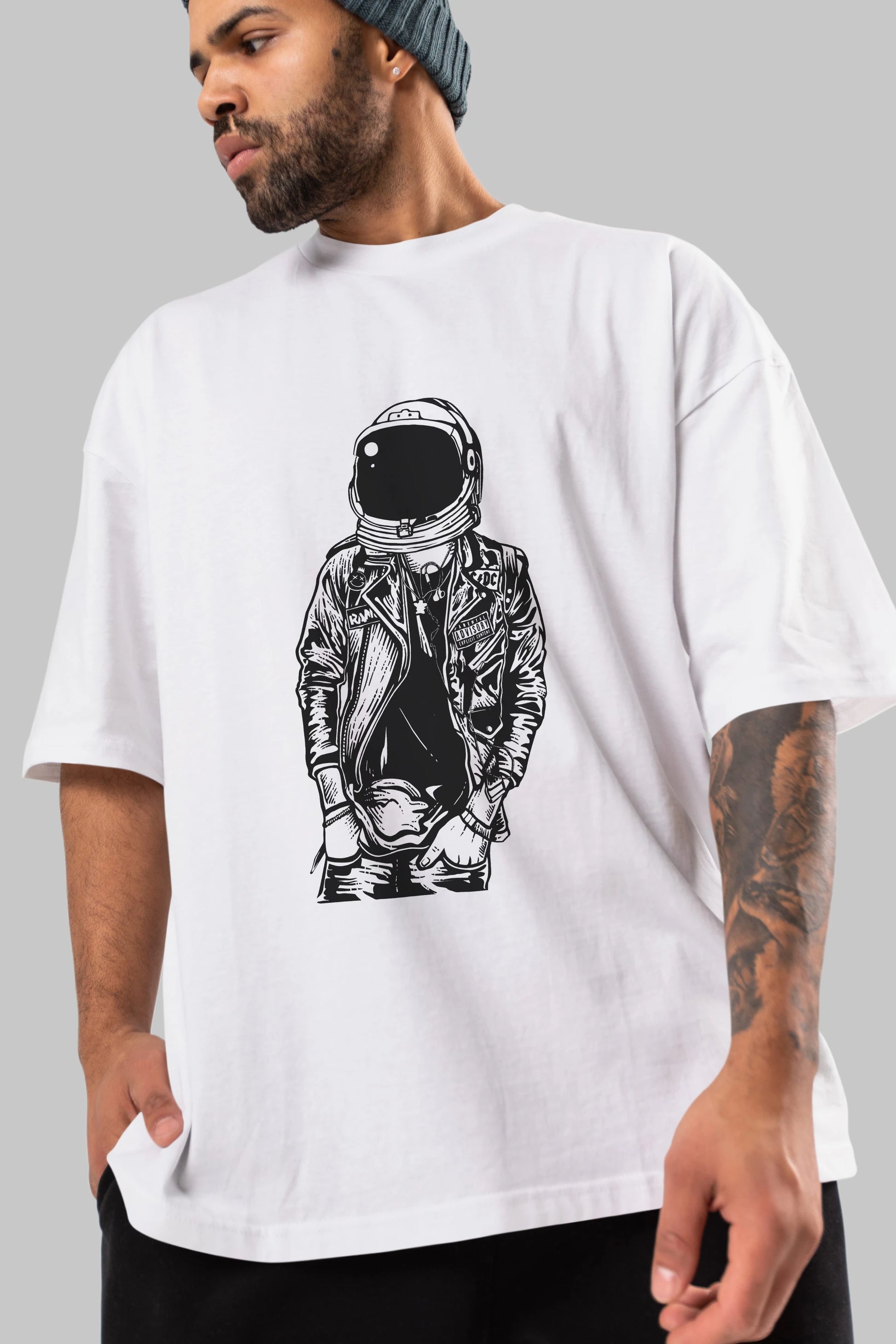 Astronaut Punkster Ön Baskılı Oversize t-shirt Erkek Kadın Unisex %100 Pamuk tişort
