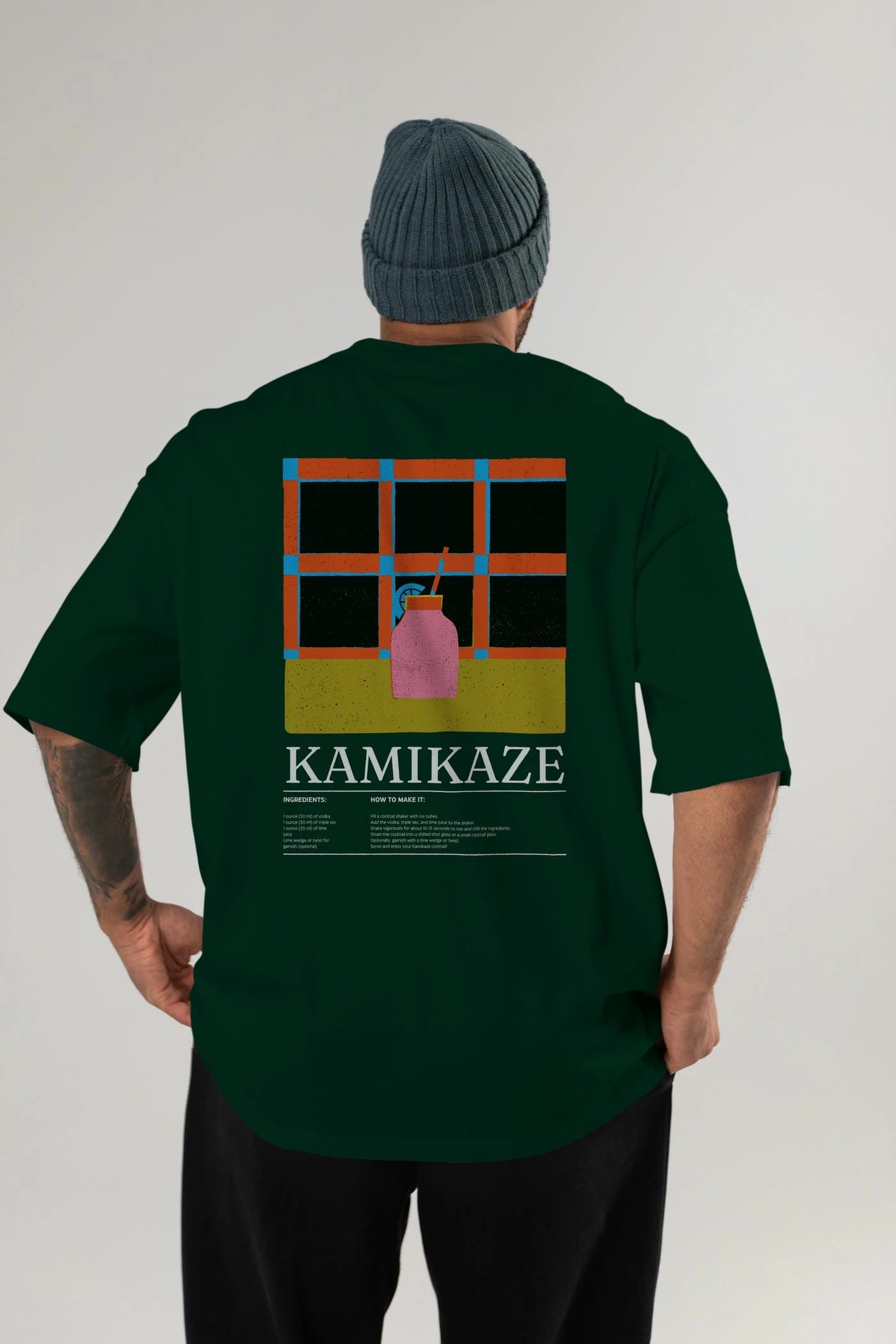 Kamikaze Kokteyl Serisi Arka Baskılı Oversize t-shirt Erkek Kadın %100 Pamuk Bisiklet Yaka tişort