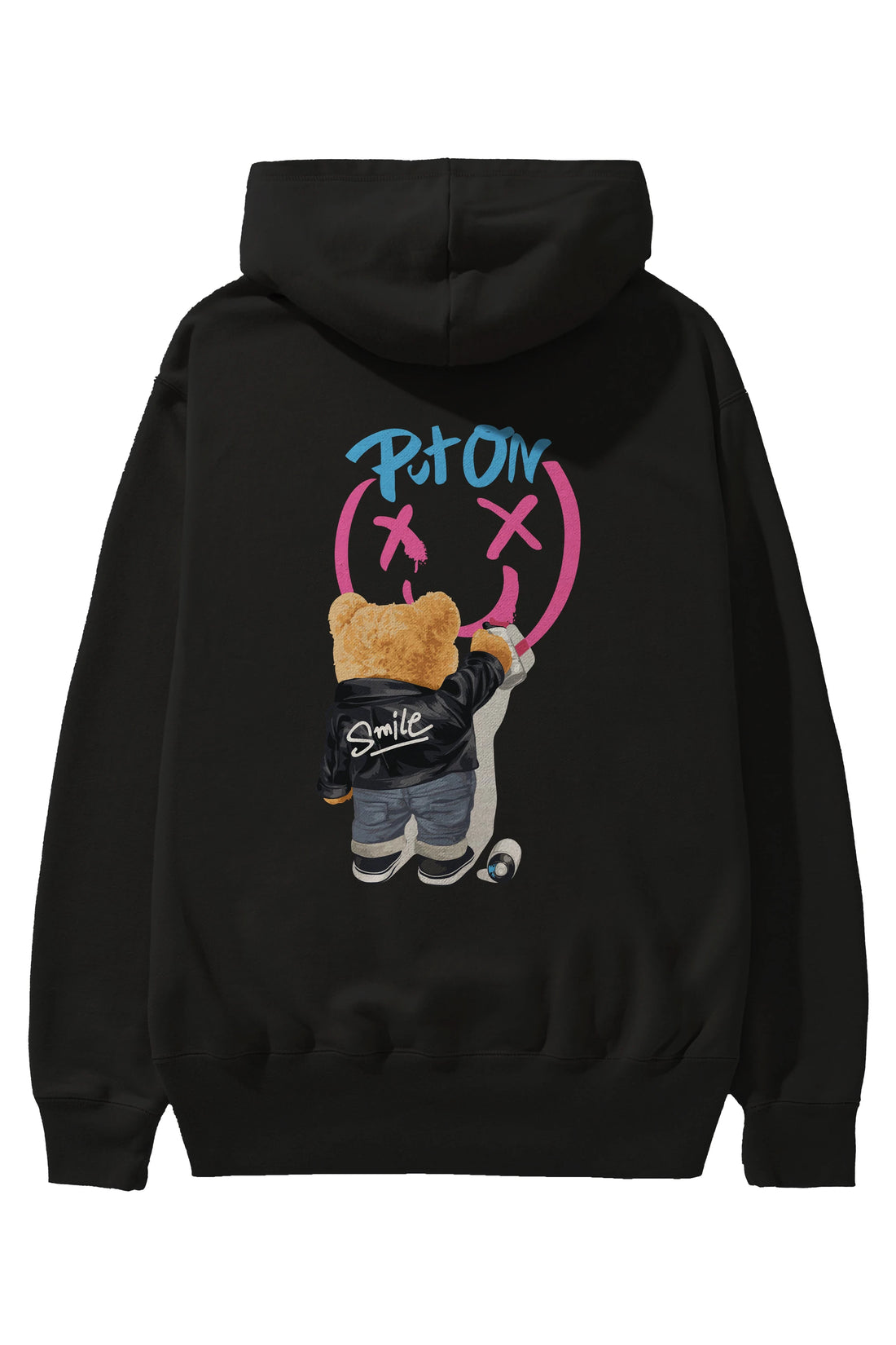 Put on Smile Bear Arka Baskılı Hoodie Oversize Kapüşonlu Sweatshirt Erkek Kadın Unisex