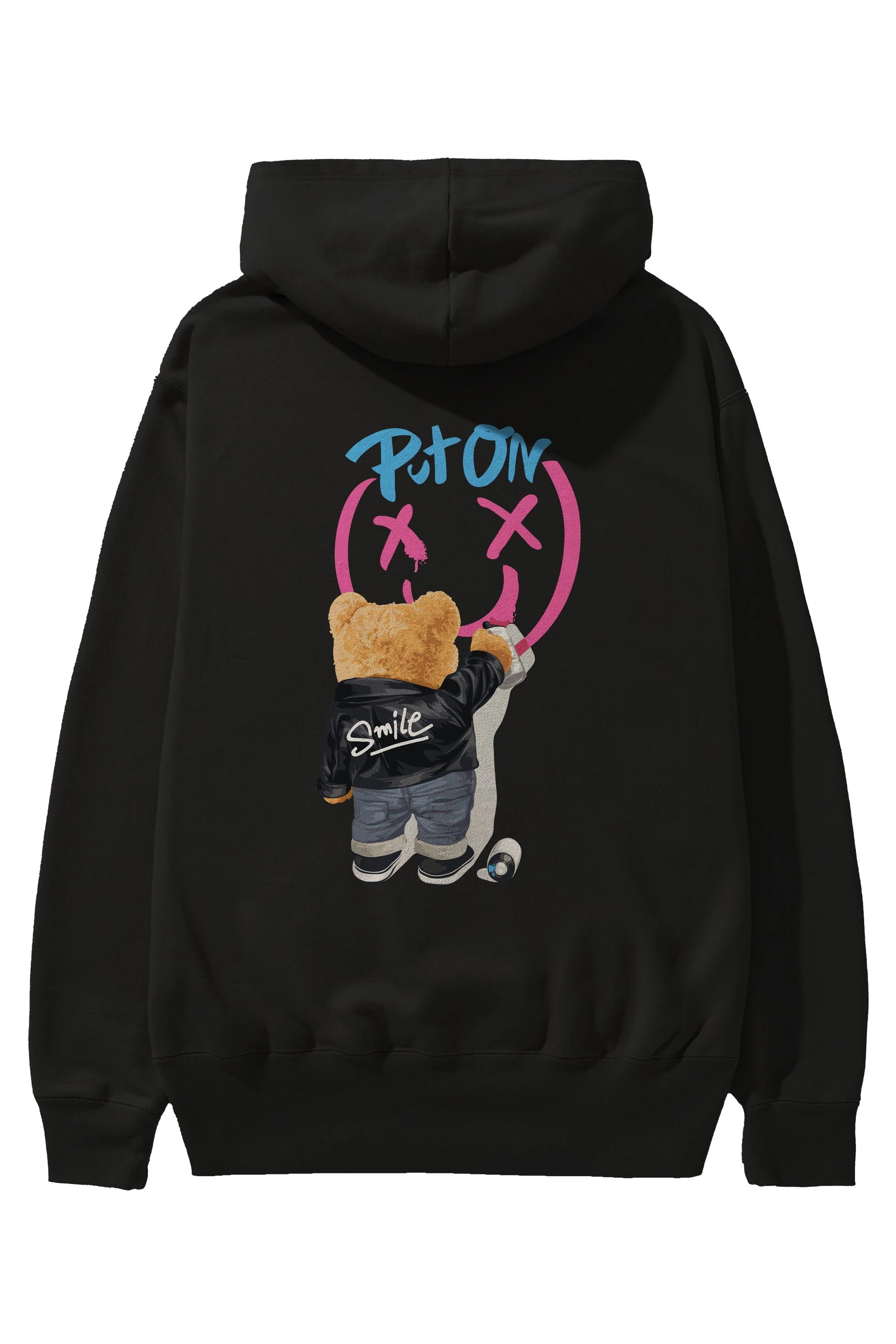 Put on Smile Bear Arka Baskılı Hoodie Oversize Kapüşonlu Sweatshirt Erkek Kadın Unisex
