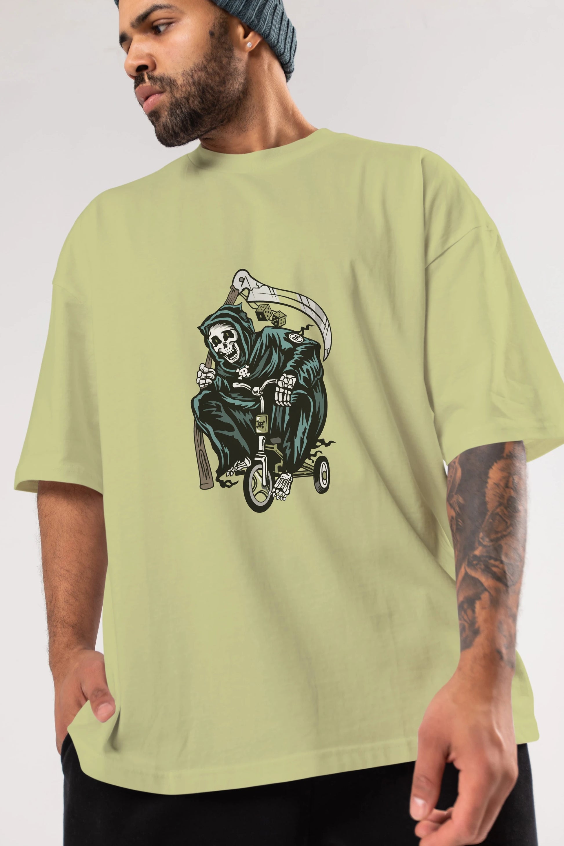 Grim Reaper Bicycle Ön Baskılı Oversize t-shirt Erkek Kadın Unisex %100 Pamuk tişort