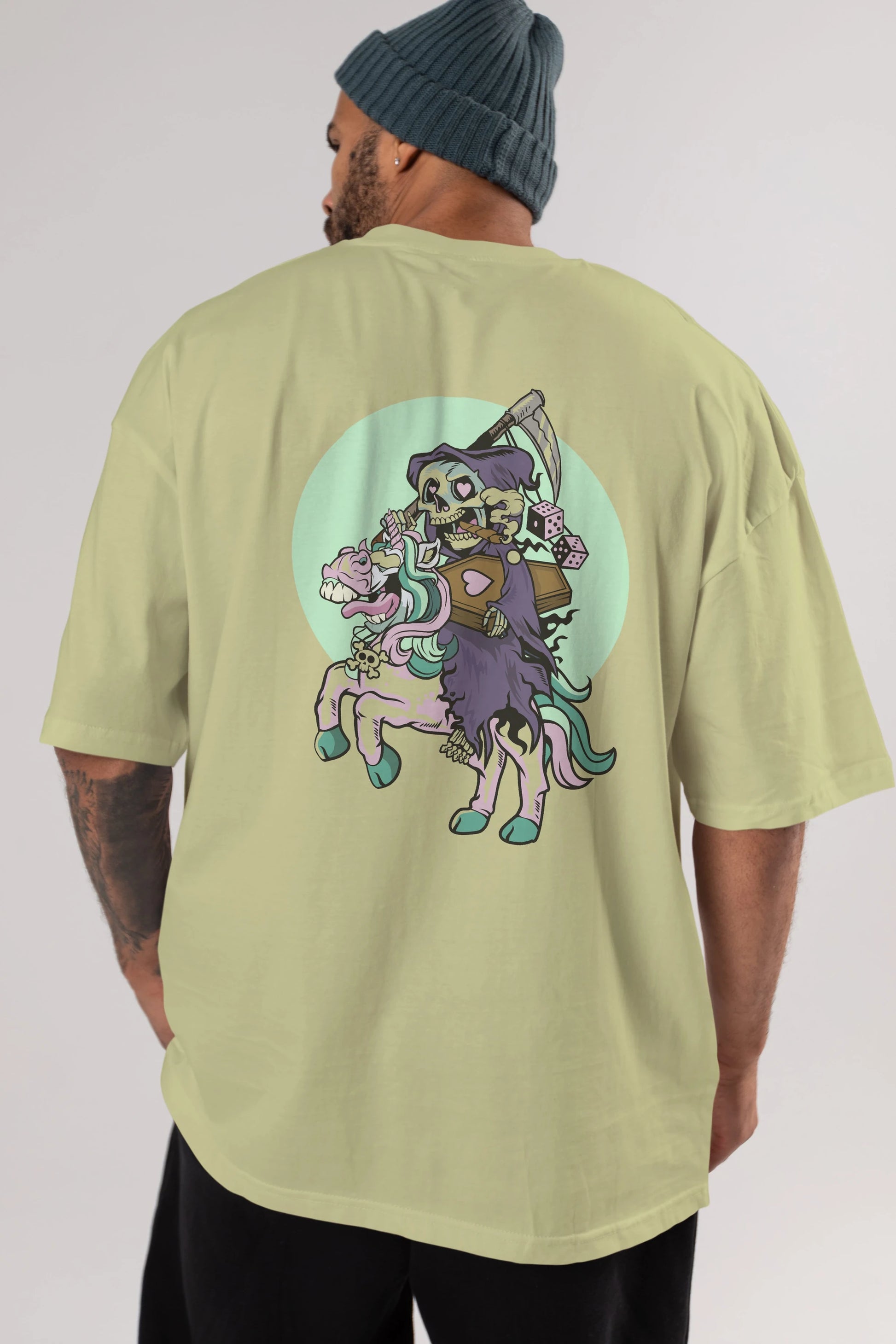Grim Reaper Riding Unicorn Arka Baskılı Oversize t-shirt Erkek Kadın Unisex %100 Pamuk tişort