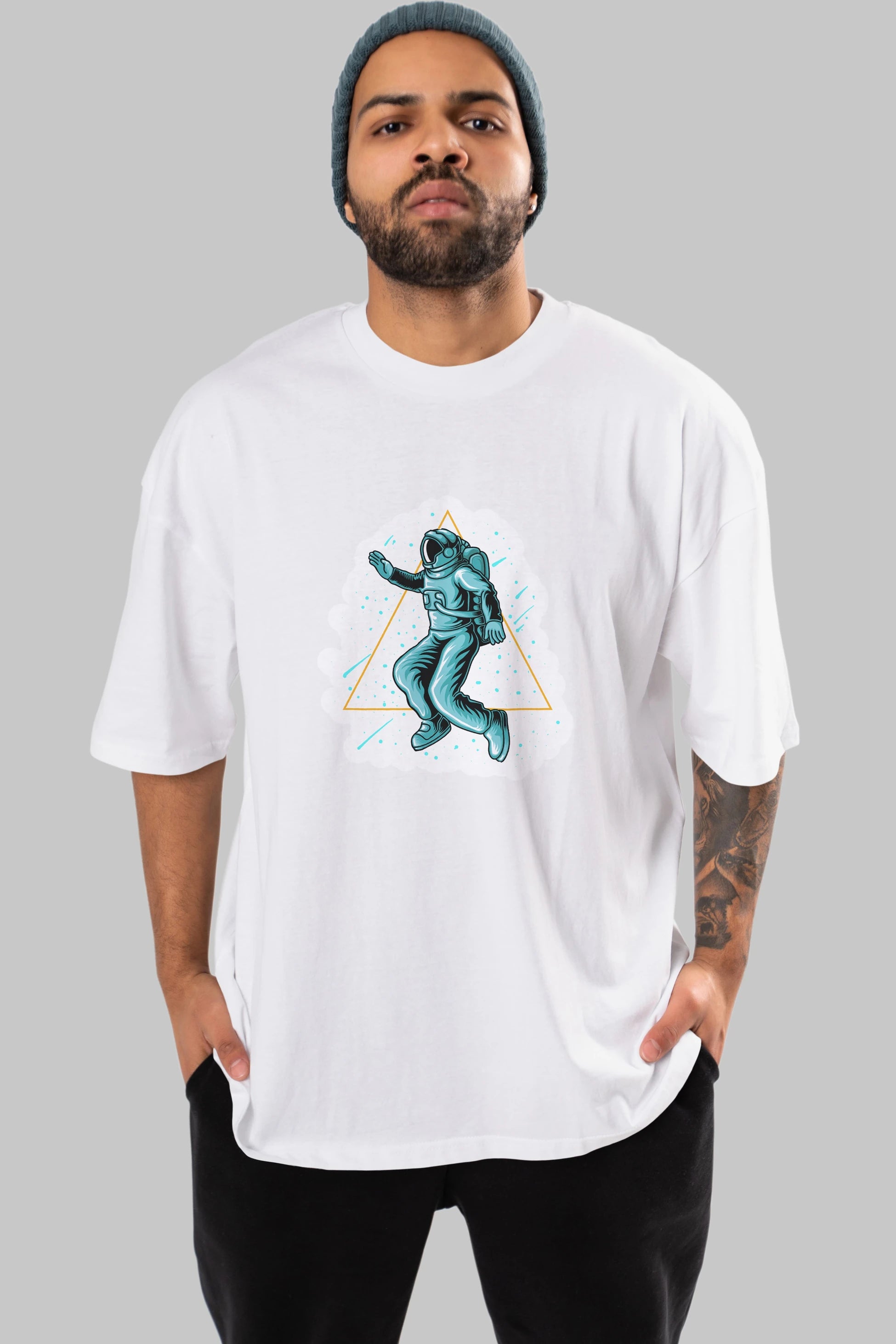 Astronaut Starry Triangle Sticker Ön Baskılı Oversize t-shirt Erkek Kadın Unisex