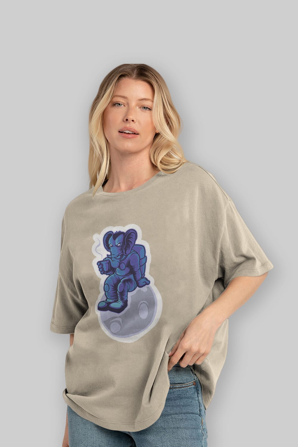 Space Elephant Drink Coffee Sticker Ön Baskılı Oversize t-shirt Erkek Kadın Unisex