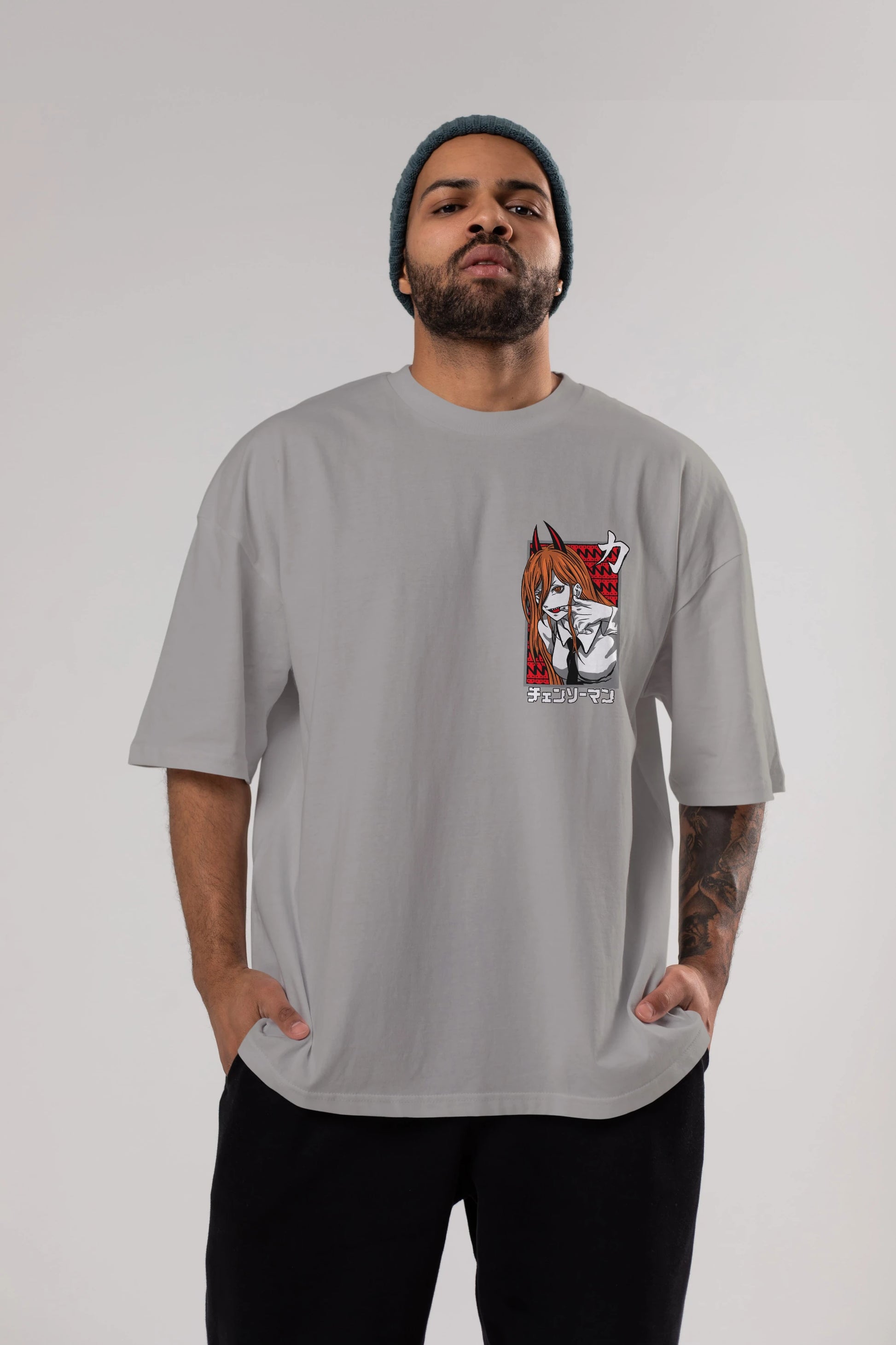 CHAINSAWMAN POWER Ön Sol Baskılı Oversize t-shirt Erkek Kadın Unisex %100 Pamuk Bisiklet Yaka tişort