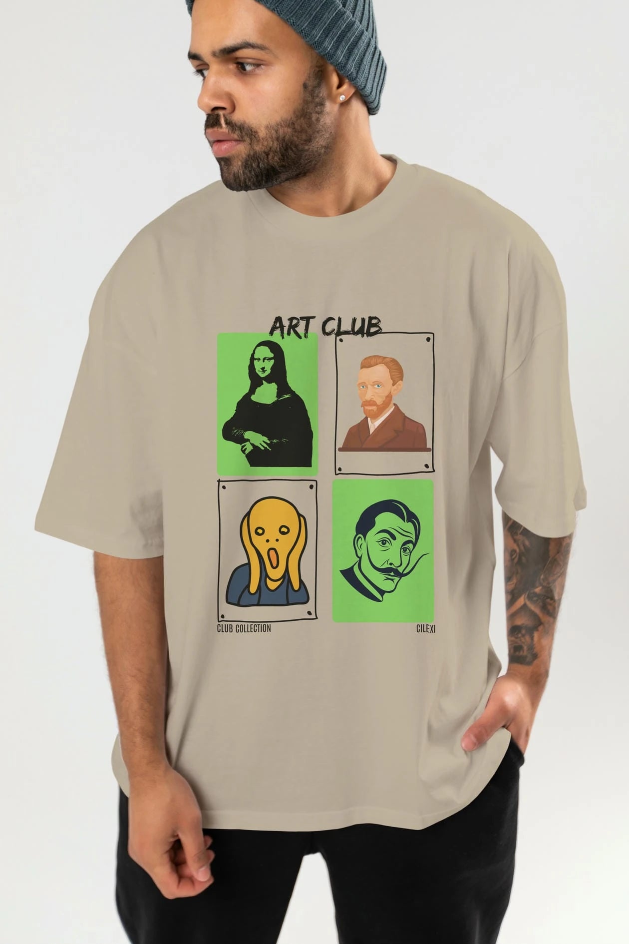 Art Club ön Baskılı Oversize t-shirt Erkek Kadın %100 Pamuk Bisiklet Yaka tişort