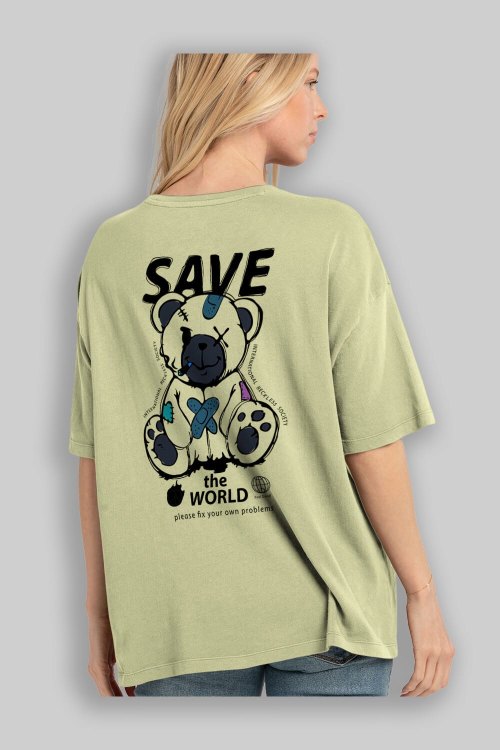 Save the World Bear Arka Baskılı Oversize t-shirt Erkek Kadın Unisex