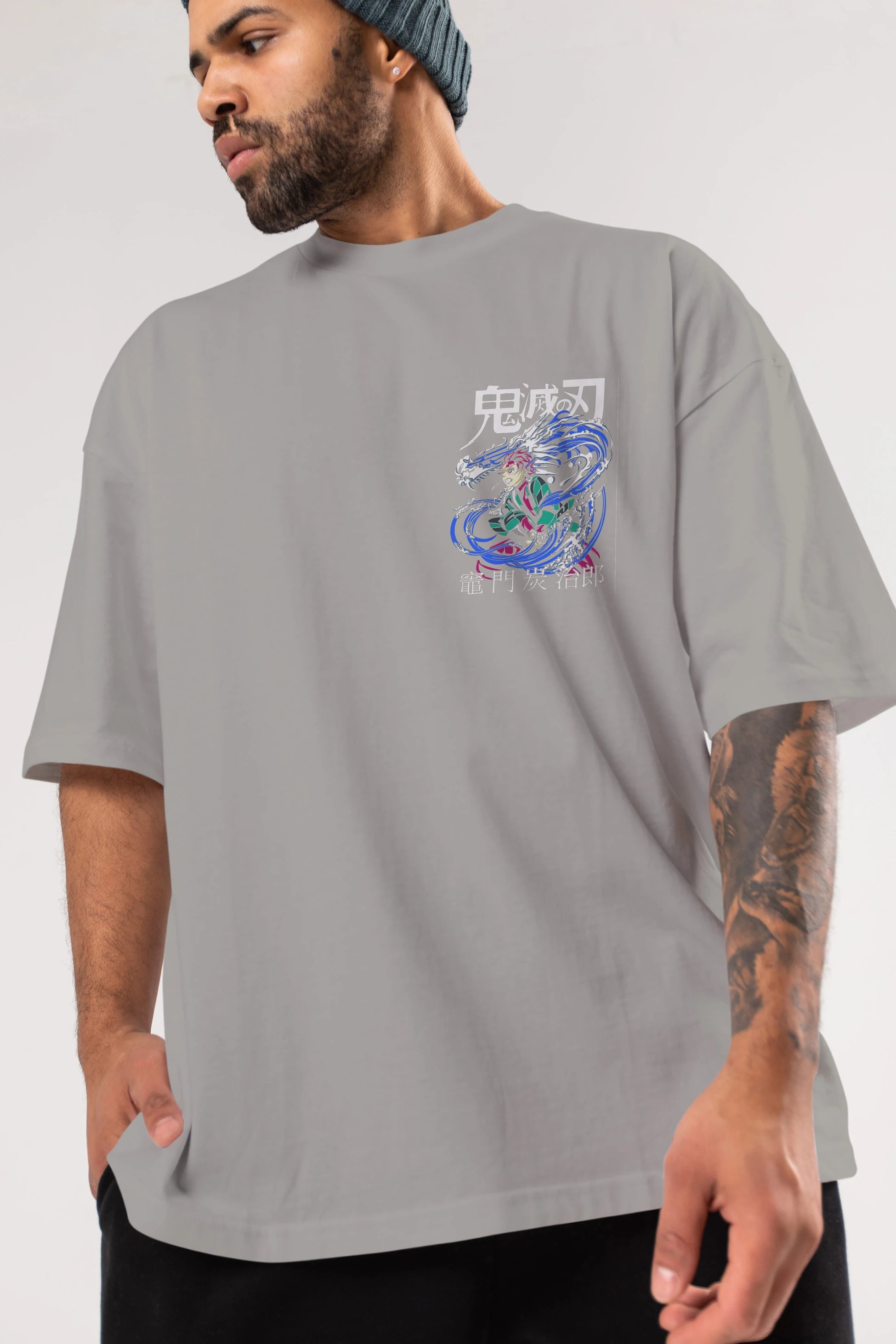 TANJIRO KAMADO 2 Ön Sol Baskılı Oversize t-shirt Erkek Kadın Unisex %100 Pamuk Bisiklet Yaka tişort