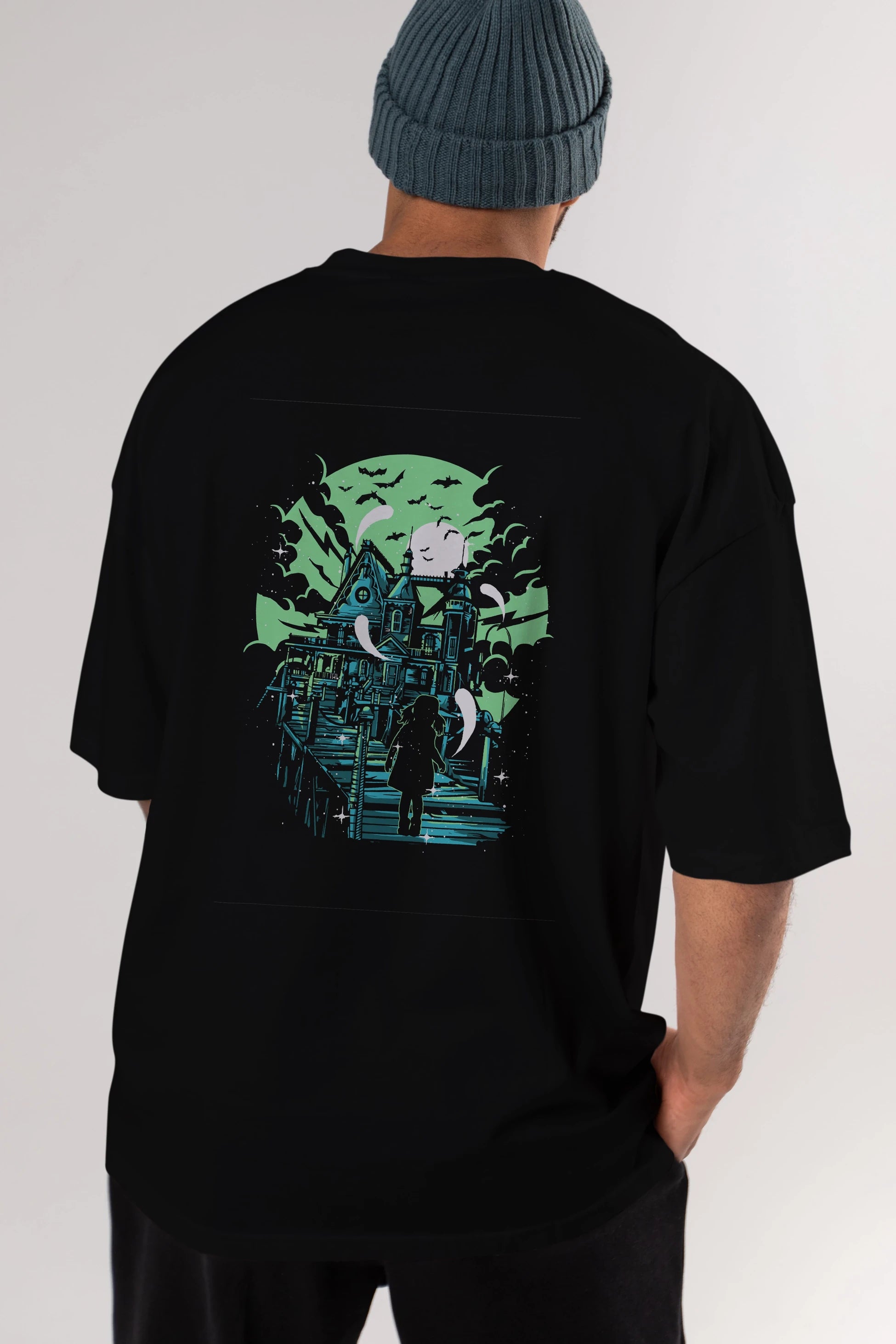 Haunted House Arka Baskılı Oversize t-shirt Erkek Kadın Unisex %100 Pamuk
