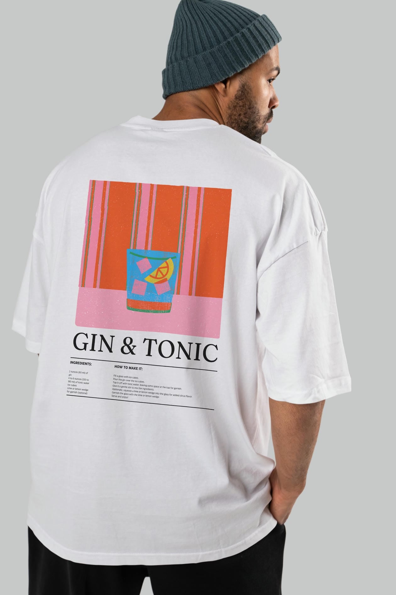 Gin Tonic Kokteyl Serisi Arka Baskılı Oversize t-shirt Erkek Kadın %100 Pamuk Bisiklet Yaka tişort