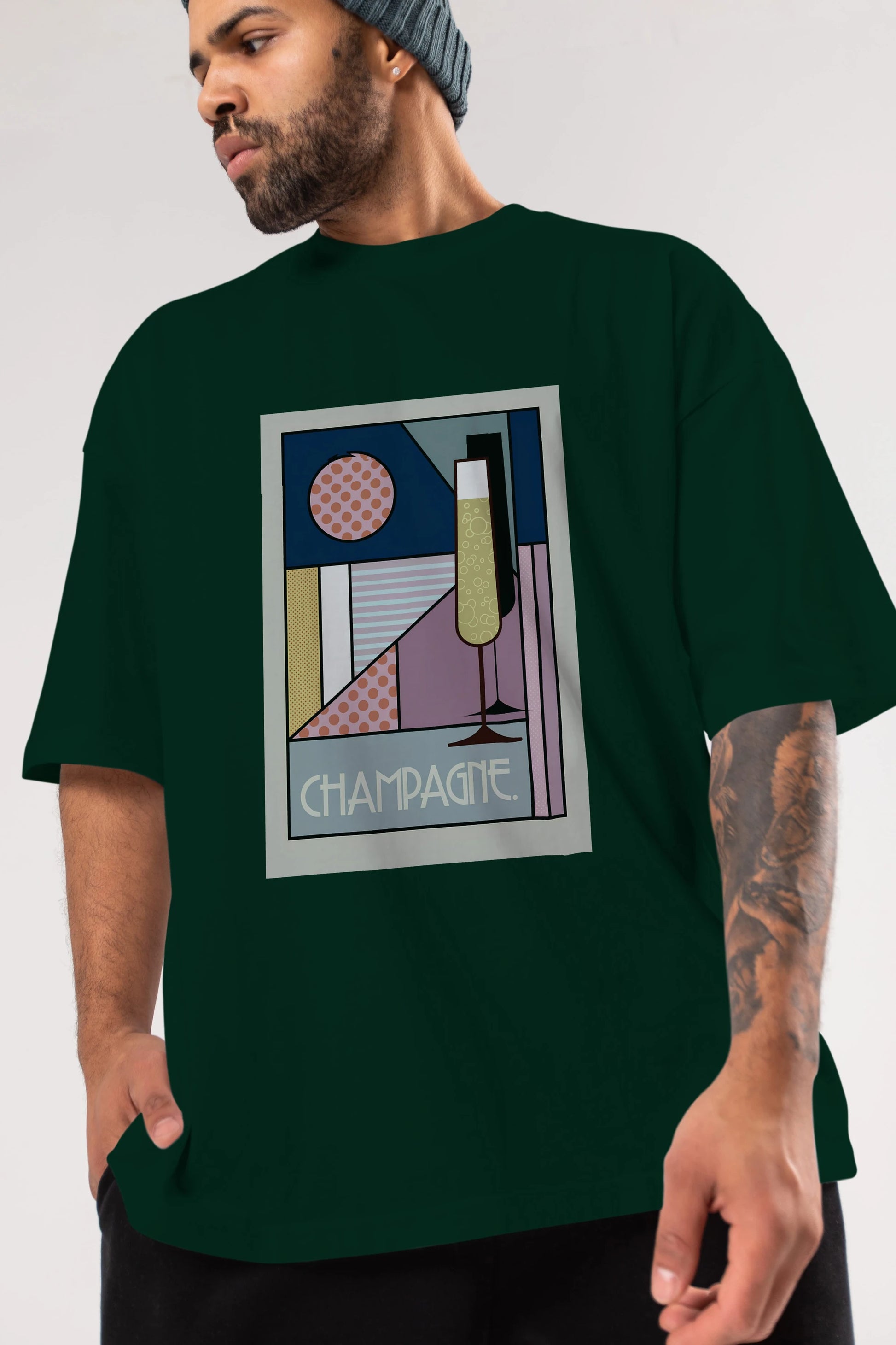 Champagne Ön Baskılı Oversize t-shirt Erkek Kadın Unisex %100 Pamuk Bisiklet Yaka tişort