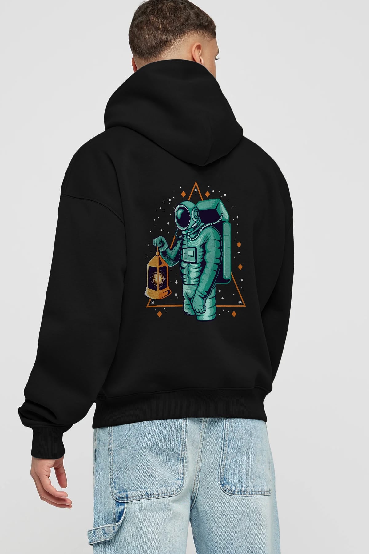 Astronaut Lantern Arka Baskılı Hoodie Oversize Kapüşonlu Sweatshirt Erkek Kadın Unisex