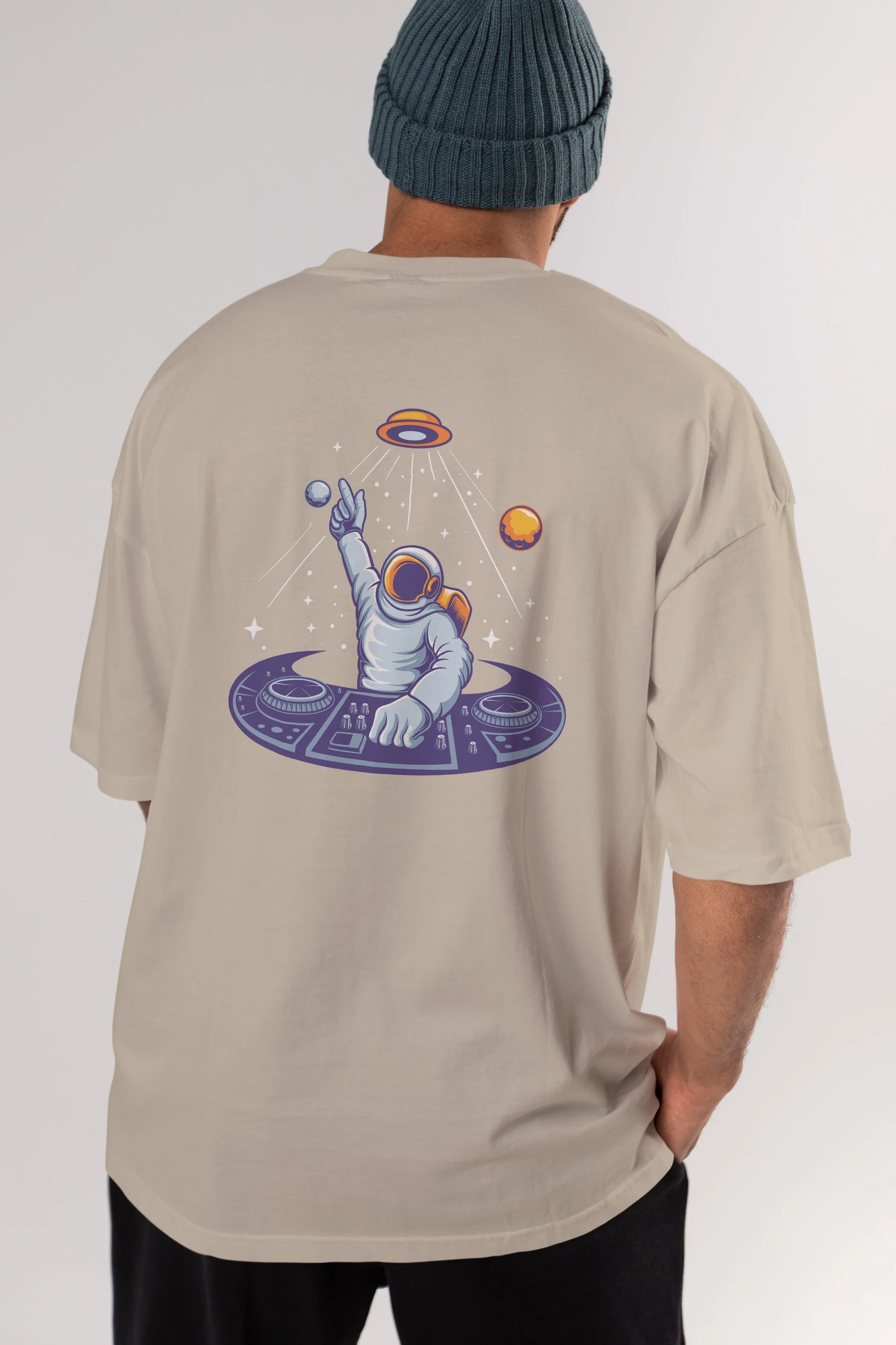 Astronaut Disk Jockey Party Arka Baskılı Oversize t-shirt Erkek Kadın Unisex